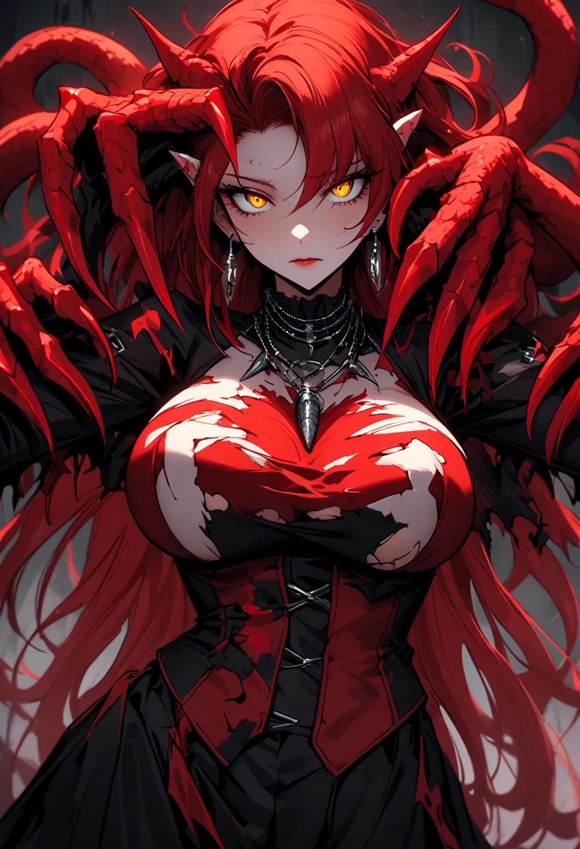 Masterpiece, Very detailed, Ultra-detailed, One, vampire-woman - pale skin, long red hair, blood-red eyes and detailed silver dress and with accessories on the head and body, with huge breasts and around the moon and stars, terrible and terrifying atmosphere