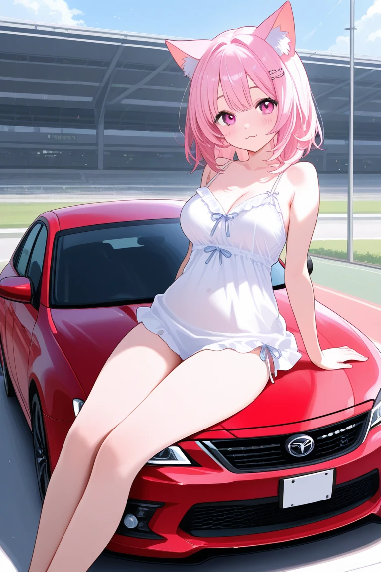 Hentai, Girl with pink hair, Yellow glasses, white transparent top, in car, the wind blows your hair, Bright picture