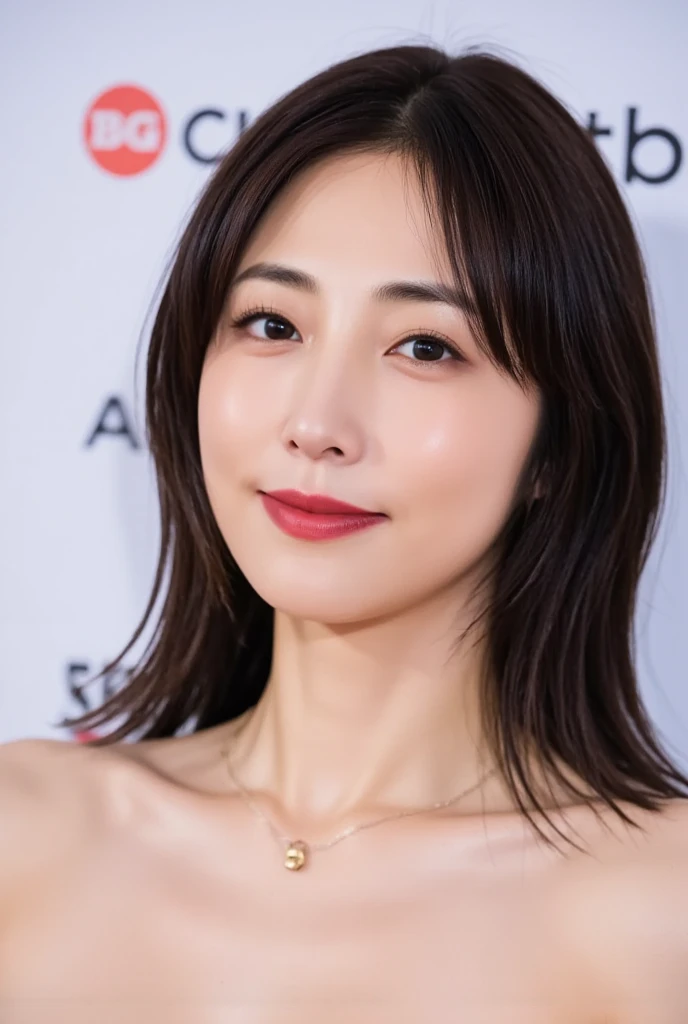Beautiful woman、Wavy short hair、Big Breasts、Slim body、A sexy black dress with a low neckline、On the red carpet、At a film festival crowded with many spectators