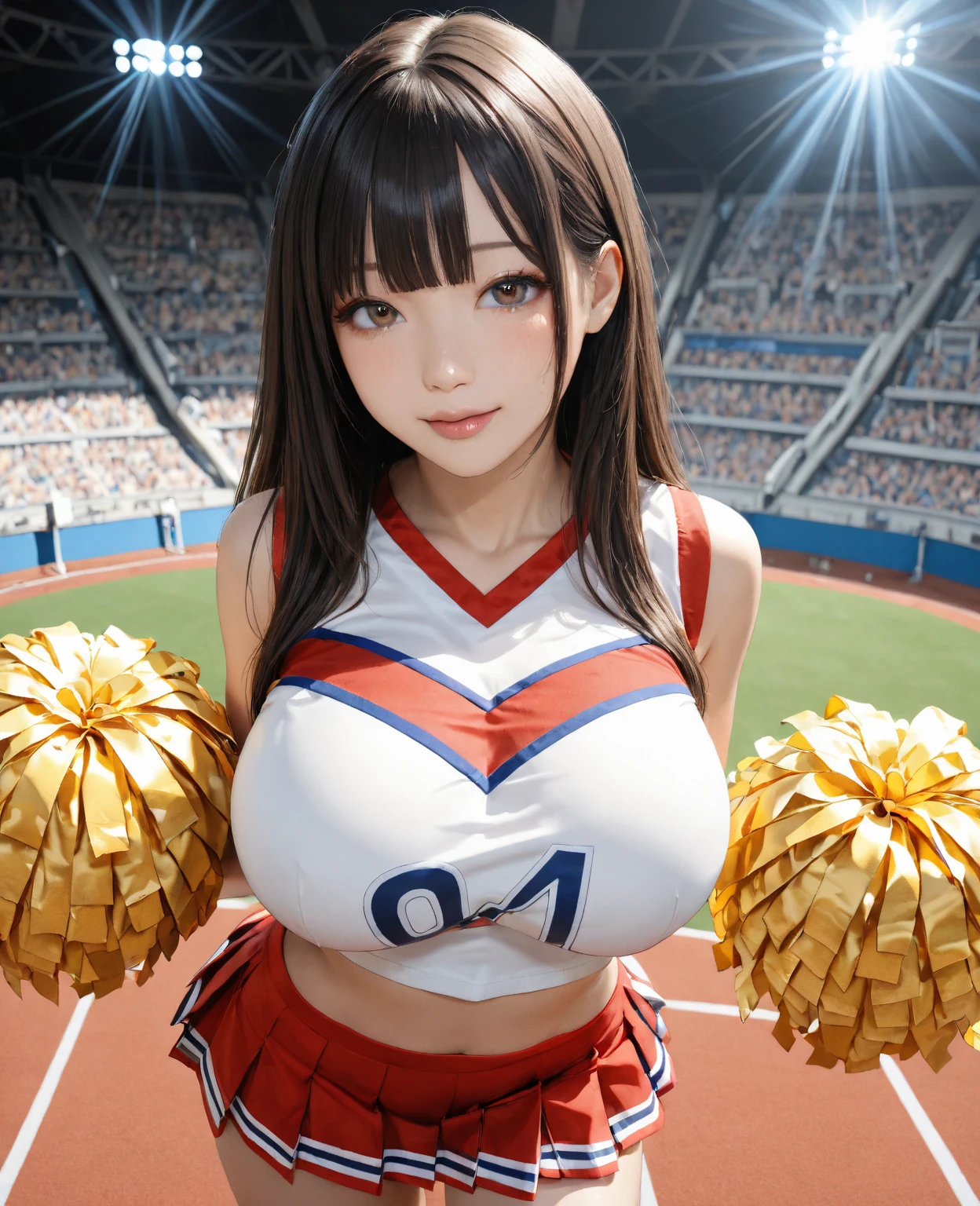 ((masterpiece)), ((highest quality)), (Very detailedな), ((Very detailed)), 4K, (8k), highest quality, (Brown Hair),(Straight perm),(Sexy blue football uniform、mini skirt:1.3)、beautiful, ((beautiful eyes)), (Large Breasts:1.6), (Cleavage:1.6),Bad mood,(american football stadium:1.4)、(Blur the background:1.2)、(Tackle:1.4),