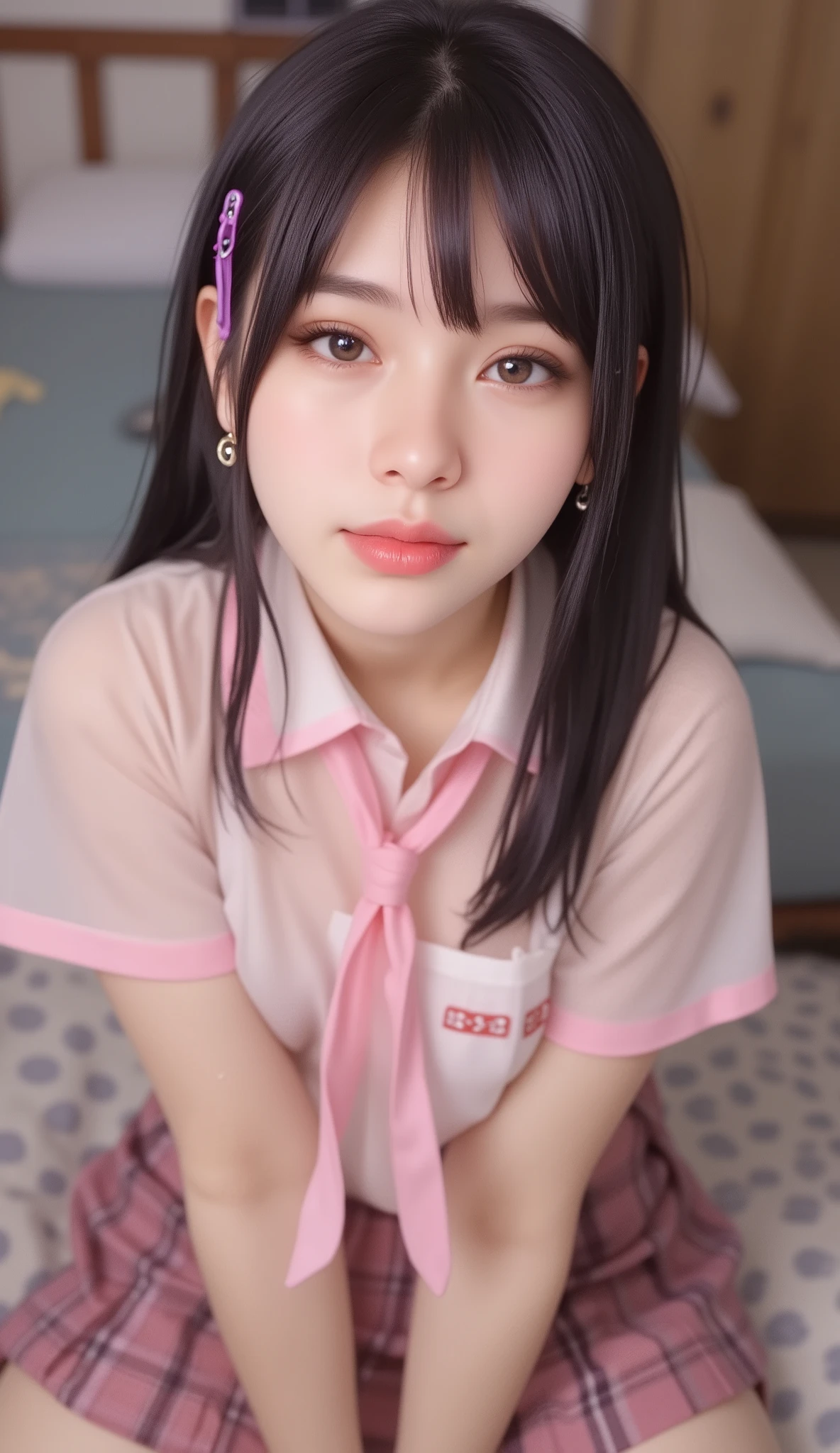 ((My face is wet with milk))、Background Bedroom、((On all fours))(Open mouth climax face)、Braided Hair、Cute face drawing、Realistically、(Two 29-year-old women embracing each other, cleavage emphasized)、Wearing a ((hoop earrings, college girl (Purple straight long ponytail hair, Princess Updo, HairClips, Hair Ornaments, perfect glowing pink-purple eyes) in uniform, (pink plaid pleated skirt), (see-through white unbuttoned blouse), (pink tie), (thigh high socks))),,Big Breasts,Accentuate your cleavage,Looking up from below,blush,moist pink lips,sexy,Own,Please open your mouth wide、Place your arms behind your head、Wear underwear