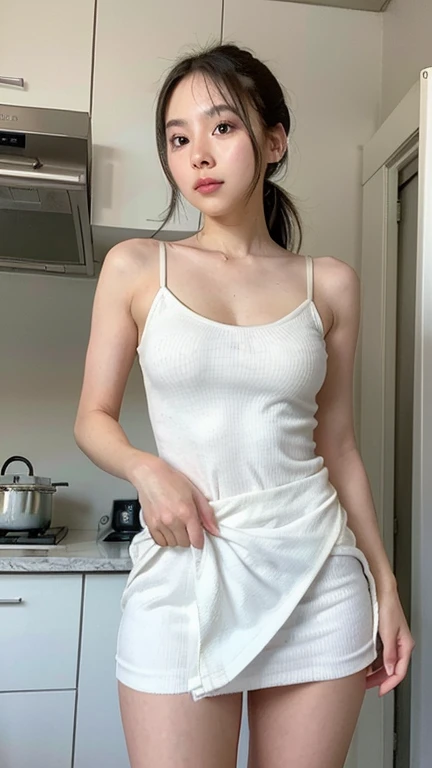 High resolution, chest, Blushing, Gentle colors, One person,
ponytail, Natural curls, High-resolution model,Red lips, Healthy body shape, 
kitchen　apron