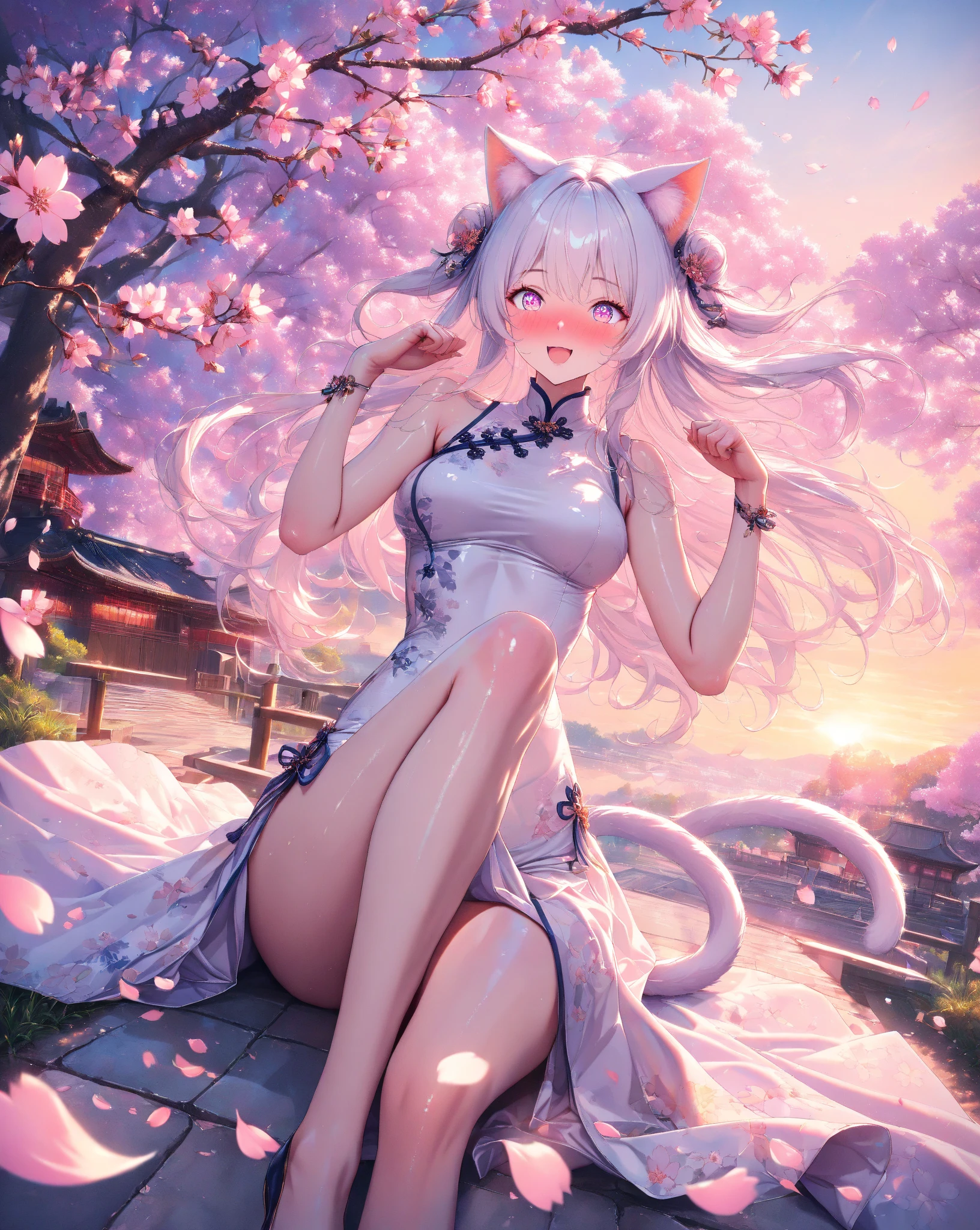 Realistic eyes, Detailed Shadows, Displaying the viewer, Dog Ears,One person, Cleavage,Detailed lighting,(Fine hair, Photo-realistic hair, Realistic lighting, Realistic shadows, Realistic dress), Realistic Skin, (Waist Gun:1), Realistic reflection of light from above,((Put your arms behind your back)),(Put your hands behind your back),Tube top,sexy,night,stockings,naked,Big Breasts,Large Breasts,cherry blossoms, White Skirt, White Dress,Full Body Lesbian,Japanese Shrines,Pink filter element