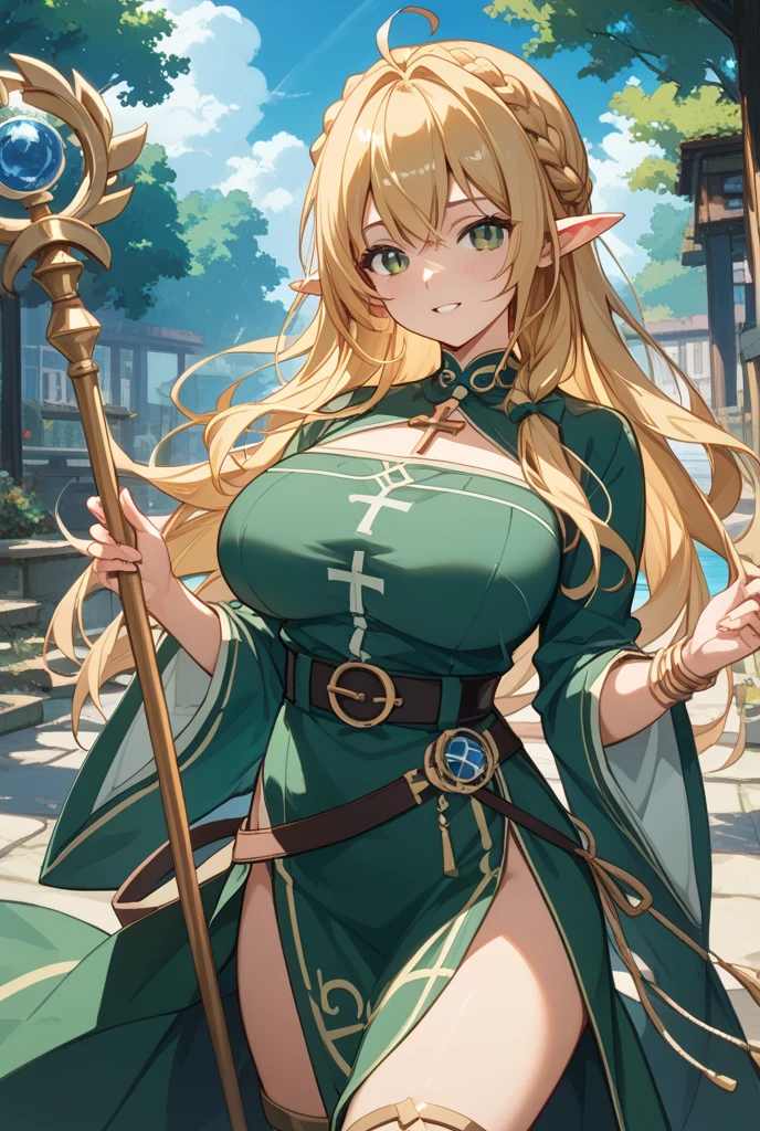(Best quality), 4K, 8K, highres, (masterpiece), ultra-detailed, woman, (Celtic goddess Epona:1.2), jennao, (chestnut brown hair), (hazel eyes:1.1), (druid gown), (ornate outfit:1.1), standing in a barnyard, motherly, posed gently, looking at viewer, (seductive eyes), drawn in the style of Yoshitaka Amano, HDR, 8k, absurdres, cinestill 800, sharp focus, (detailed face and eyes:1.2), (perfect anatomy), (round breasts), (bubble butt), (wide hips:1.1), (slim waist:1.1), (thick thighs:1.1), (detailed background), (perfect nails:1.1), (detailed hand and finger:1.2), (medium breasts:1.2), (busty), (deep cleavage:1.2), (labia outline:1.3), (hard teat:1.3).