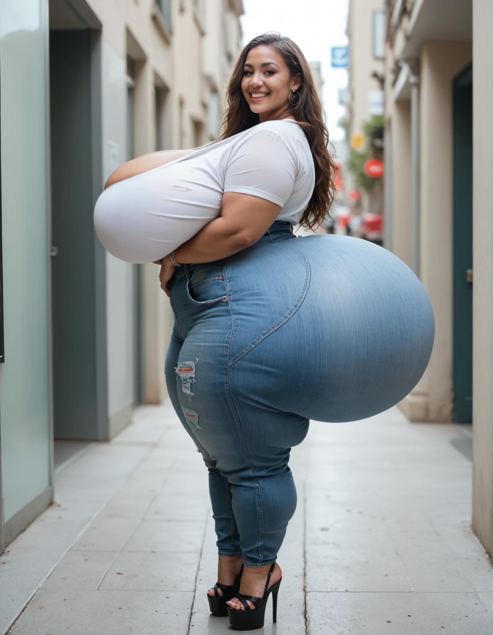 photo of beautiful caucasian woman, zazie photorealistic, afro bun, absurdres, white shirt, jeans, street, busty