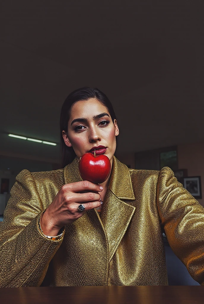 high quality, 8K Ultra HD, dark-tanned, Highly detailed beautiful woman, 40 year old inside an apple made of transparent crystal, by yukisakura, high detailed,