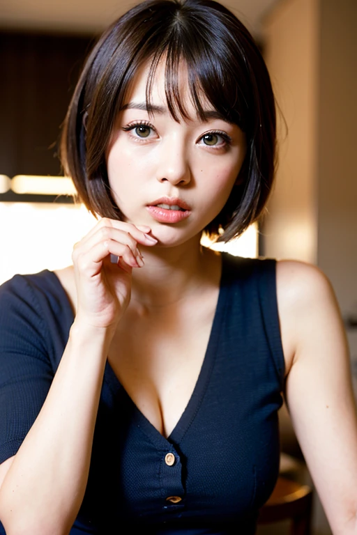 (realistic, photo-realistic:1.37), (masterpiece), (best quality:1.4), (ultra high res:1.2),(RAW photo:1.2), (sharp focus:1.3), (face focus:1.4), vibrant details, hyperrealistic, elegant, professionattire, finely detail, BREAK , short hair, (happy smile), bed room Lying,