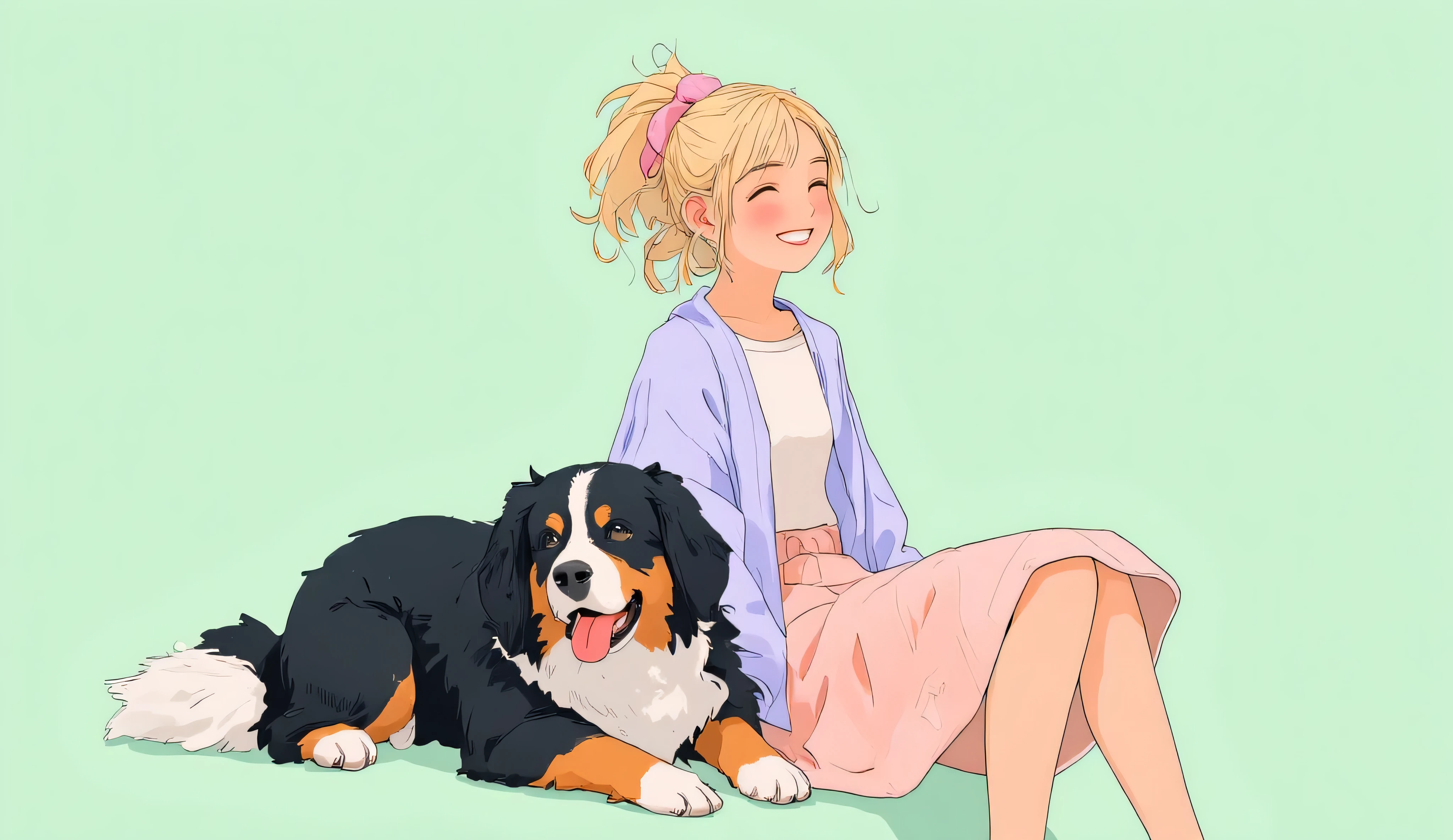 Anime-style illustration, 16:9 wide shot designed for a YouTube end screen. A cheerful 25-year-old blonde woman with a messy bun tied with a soft pink scrunchie sits at the bottom of the frame, smiling brightly with eyes closed and a soft, relaxed expression. She wears a light lavender cardigan over a soft white top, paired with a flowy pastel skirt. A fluffy, full-sized Bernese Mountain Dog lies beside her, resting its head on her lap, tongue out, warm brown eyes gazing upward with joy. Both characters are positioned in the lower third of the image, leaving ample empty space in the upper area for YouTube end screen elements. The dog has thick black fur, a white snout blaze, and distinct tan markings. Background: clean soft mint green (#b9fbc0), open and uncluttered. Cozy, warm anime style, no text.