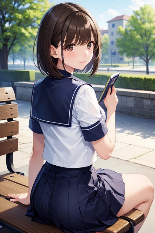 1 girl, Medium Hair, black hair, brown eyes in the bedroom, bob cut, high school girl, Short sleeve sailor uniform, navy sailor color, navy pleated skirt with back hair pinned, , Park, sit on a bench, Soft Breeze, Reading a poem, Feeling the love , cat, anime style, high image quality, uncensored, masterpiece,
,( masterpiece, best quality, high resolution, ultra high resolution, pixel perfect, depth of field, 4K, RTTX10.0),
、Anegasaki Nene, shiny brown hair, beautiful brown eyes, smiling face, sparkling pupils, (fine grain), , highly detailed face,, (masterpiece:1.2, best quality), ((only1 girl)), ((cowboy shot))