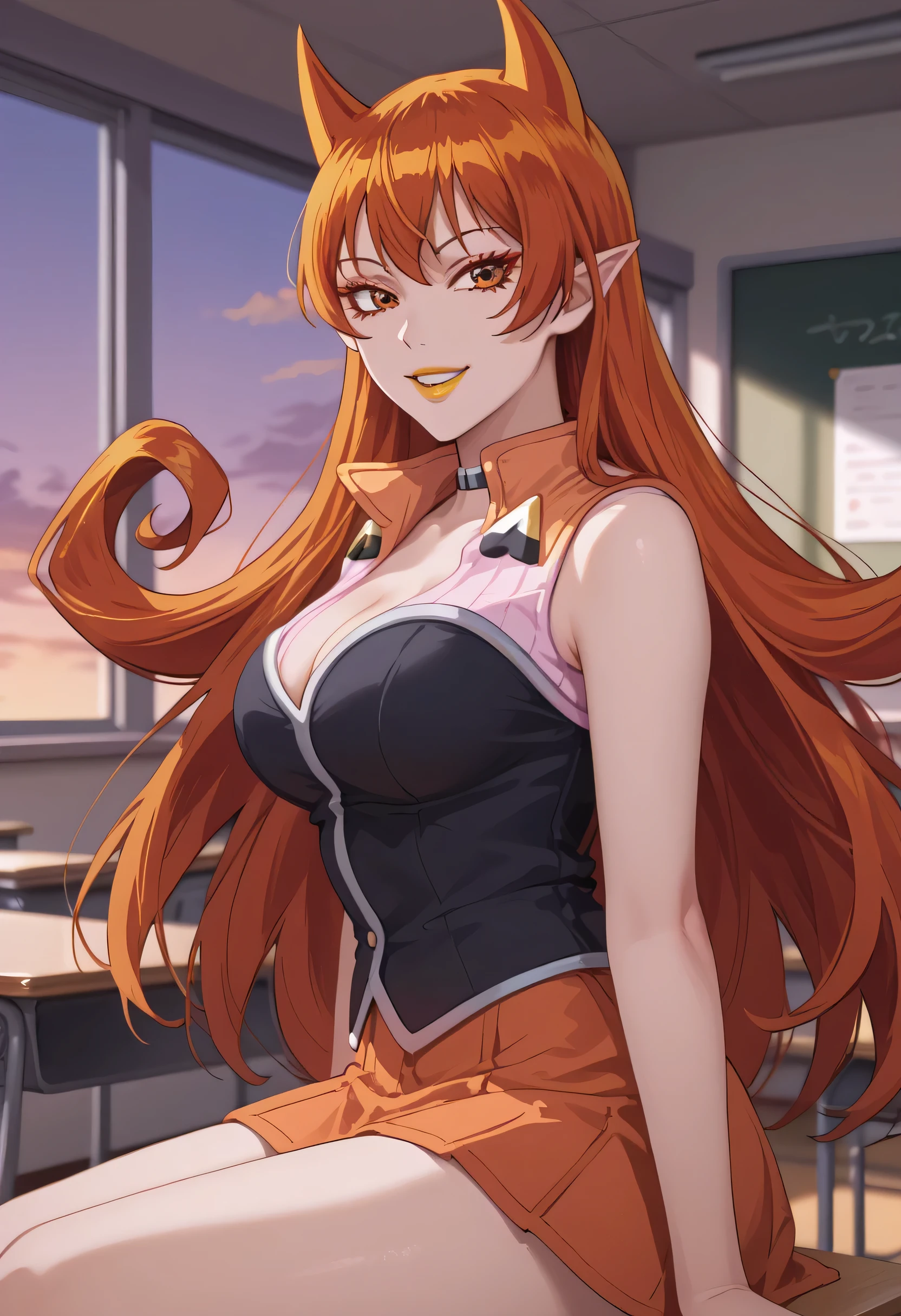 woman, anime style, yellow lipstick, looking at viewer, sitting, classroom, focus on character, white skin, orange eyes, orange hair, orange horns, hair horns, loose hair, side view, long hair, happy, cheerful, fantastic lighting, demon school, demon school, purple sky, slim waist, wide hips, top view, cleavage, Azazel Ameri, Ameri Azazel, Welcome to Demon School! Iruma-kun