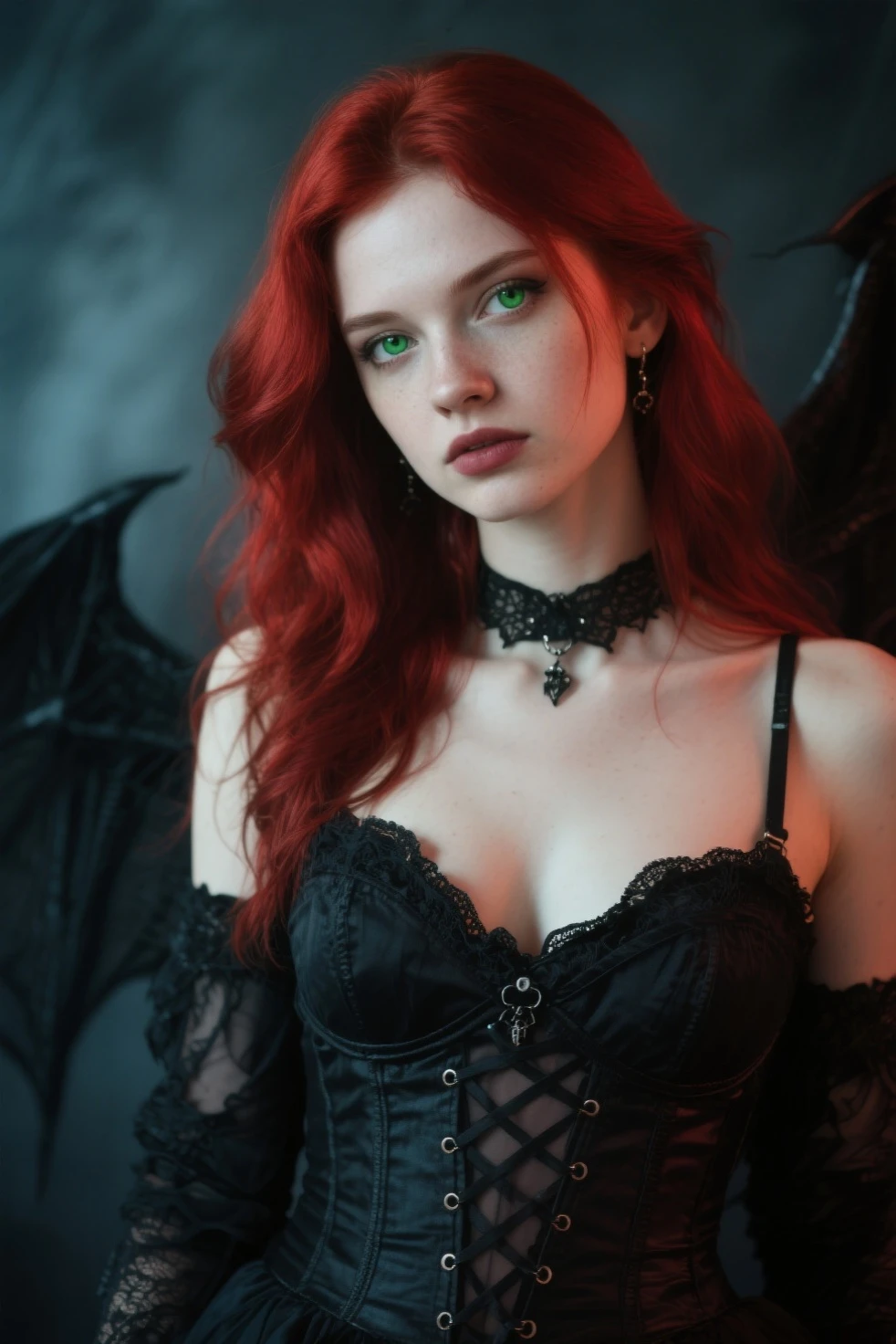 holy themed (((Corrupted dark fairy daemon with ((small broken dark fairy wings))))),(two-tone bright red hair),(Short),Focus only,(Depth of Field, Ambient Lighting, Blurred foreground, Blurred background:1.3),(Catacombs:1.3),(Black Pearl Crown),(Silver Moon Necklace),(whole body:1.2),Pointed ears,posture,whole body,masterpiece,best quality,(Film Photography:1.3),PhotoPractical,HyperPractical,Ultra Detailed,Analog style,Soft lighting,Subsurface scattering,Practical,Heavy shadows,masterpiece,best quality,ultra Practical,8K,Golden Ratio,complex,High Detail,Film Photography,Soft Focus,dark fantasy,Background with snakes,Satan tattoo . weird, Disturbing, dark, spooky, There is a lot of suspense, severe, Very detailed