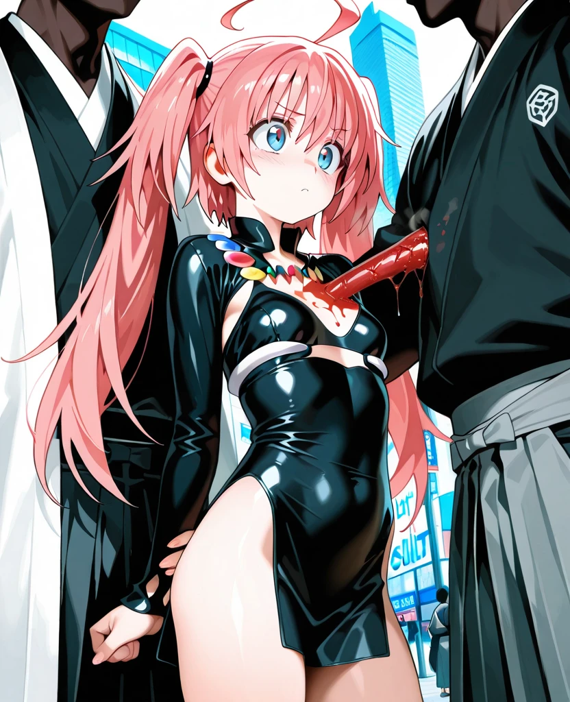 Young girl with pink hair, long twintail hairstyle, small bushy eyebrows, wearing gothic lolita clothes, lolicon (Zankuro) drawing style by zankuro artist, Zancrow style, image uploaded in R34, walking in the mall, flirty smile , suddenly having sex in public, ((doggy style sex)), ((public sex in a street)) naked ass in the male crotch, perfect anatomy, looking from above, 1boy 1 girl