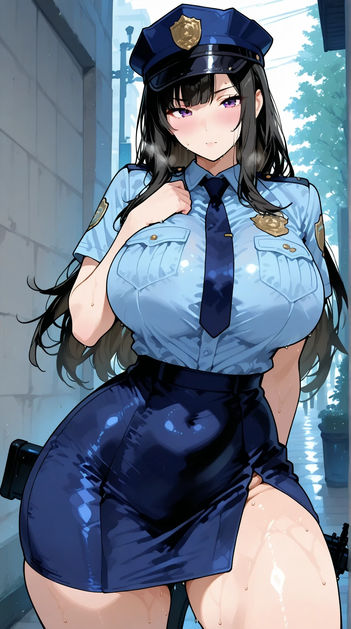 (frontal black braided hair), (policewoman), police station, (huge juicy breasts:1.2), (cleavage), (police uniform:1.2), milf, busty, slim stomach, wide hips, beautiful face, professional lighting, glistening skin, high quality, (seductive pose:1.2)