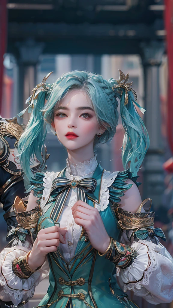Best quality, masterpiece, ultra high res, (photorealistic:1.4), 1girl, offshoulder, deep shadow, shiny skin,depth of field, night sky, crown, aqua eyes, blue hair, luxury dress, white dress, shiny dress, good hand, depth of field, white skin, glowing eyes, golden armor arm, (2heads:1.5)