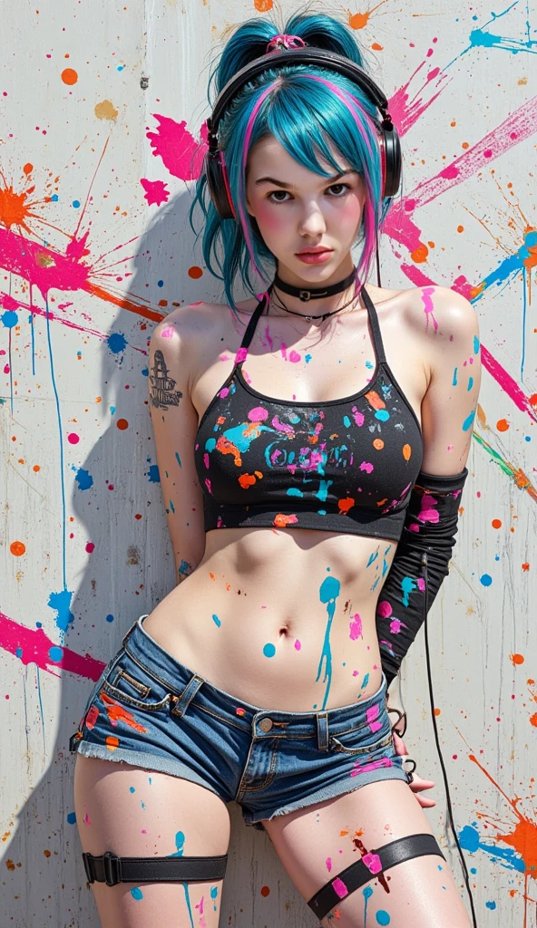masterpiece, best quality, 1girl, solo, crop top, denim shorts, choker, (graffiti:1.5), paint splatter, arms behind back, against wall, looking at viewer, armband, thigh strap, paint on body, head tilt, bored, multicolored hair, aqua eyes, headset,