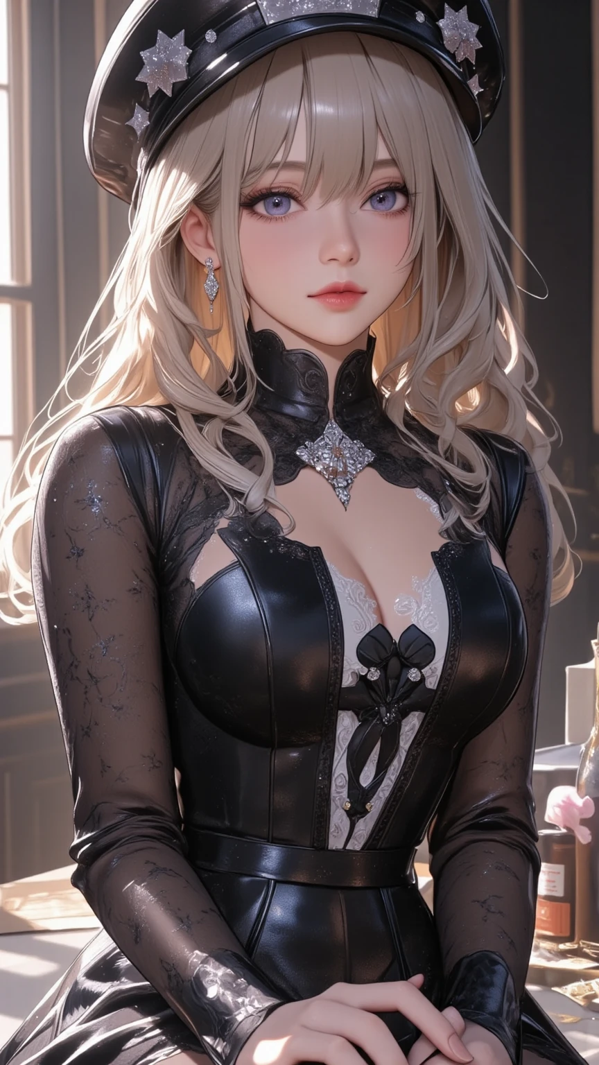 king, 8k, masterpiece, bset quality, girl wearing sexy military officer outfit, tight pants, fishnet stockings, wide-brimmed officer-style trench coat. white leather luxury, glossy, sexy girl fantasy anime artwork, fantasy anime illustration, 8k badass anime, 4k anime art wallpaper, 4k anime art wallpaper, artwork 2.5 d cgi fantasy anime art, 8k anime art wallpapers, detailed digital anime art, beautiful fantasy anime, majestic epic anime artwork, 4k anime wallpapers, artwork detailed anime, sexy, seductive, giant, women, anime style, best quality, extremely detailed, best silhouette), font (detail) backdrop, dark fantasy), (beautifully detailed face), high contrast, (best lighting details, extremely delicate and beautiful eyes), ((cinematic lights)), colorful, super detailed, dramatic lighting statue, intricate details (1 girl, solo, sharp face, . Blonde, super long hair, bangs, long eyelashes, dynamic angles),