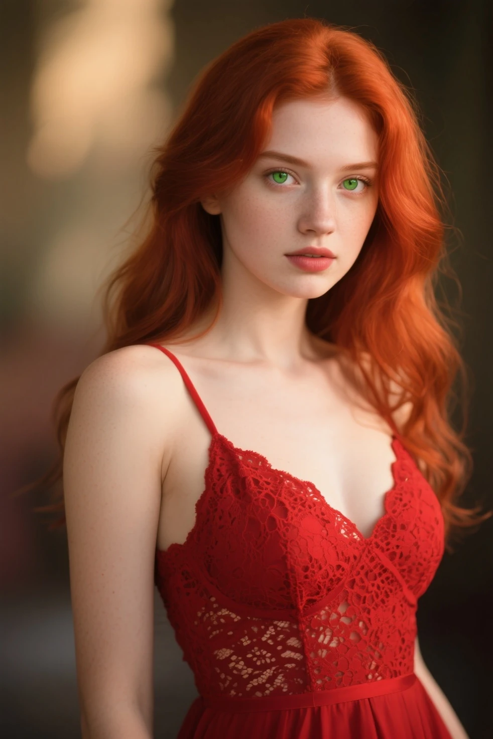 A detailed, intricate portrait of a woman with long, vibrant red hair, freckles, and a beautifully detailed face with striking eyes, full lips, and flawless skin, wearing an ornate, flowing dress, (best quality,4k,8k,highres,masterpiece:1.2),ultra-detailed,(realistic,photorealistic,photo-realistic:1.37),vivid colors,studio lighting,extremely detailed face and hair,porcelain skin,piercing eyes,lush red hair,elegant flowing dress,detailed fashion,portrait