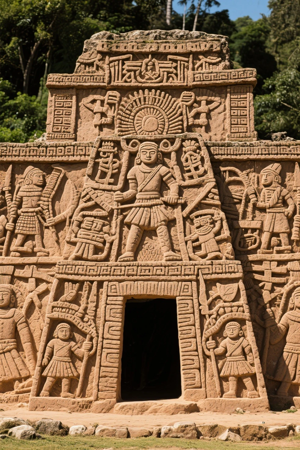 a detailed low relief sculpture of Inca and Aztec gods in the mountains, black background, cinematic lighting, intricate details, photorealistic