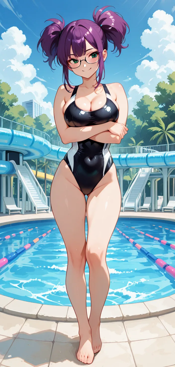 Colorful high leg swimsuit　Medium hair with black hair　blush　smile　standing facing this way　Pool