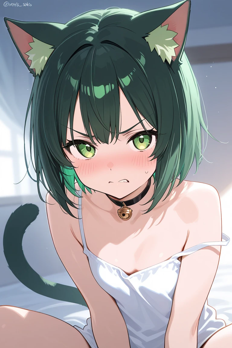 Cute girl, dark green hair, yellow eyes, short hair, sexy body, sexy, loves to, She bites her lip, Cat clothes, cat ears, cat tail, cat collar