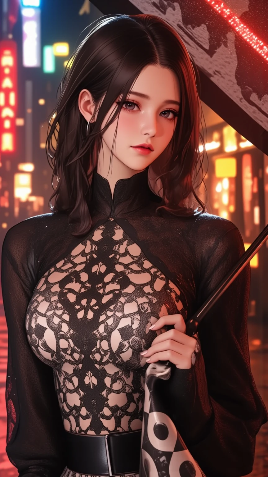A girl with black hair,Bigchest。Wear sexy mesh lingerie by the pool