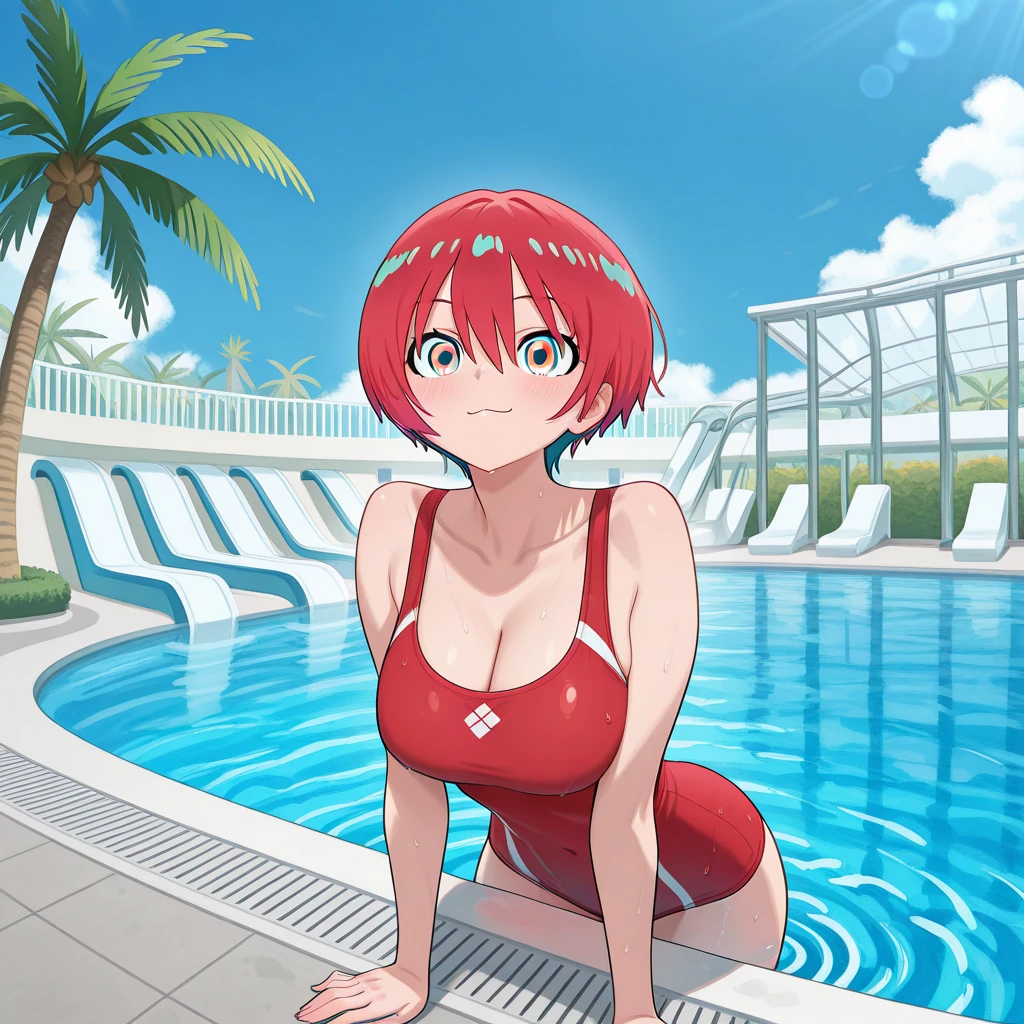1girl, red hair, medium hair, short hair, flower, flower orbament, ornament, hair ornament, green eyes, one-piece swimsuit, competition swimsuit, large breasts, wide hips, thick thighs, smile, breasts supress, ((breast suppress)), hands on breasts