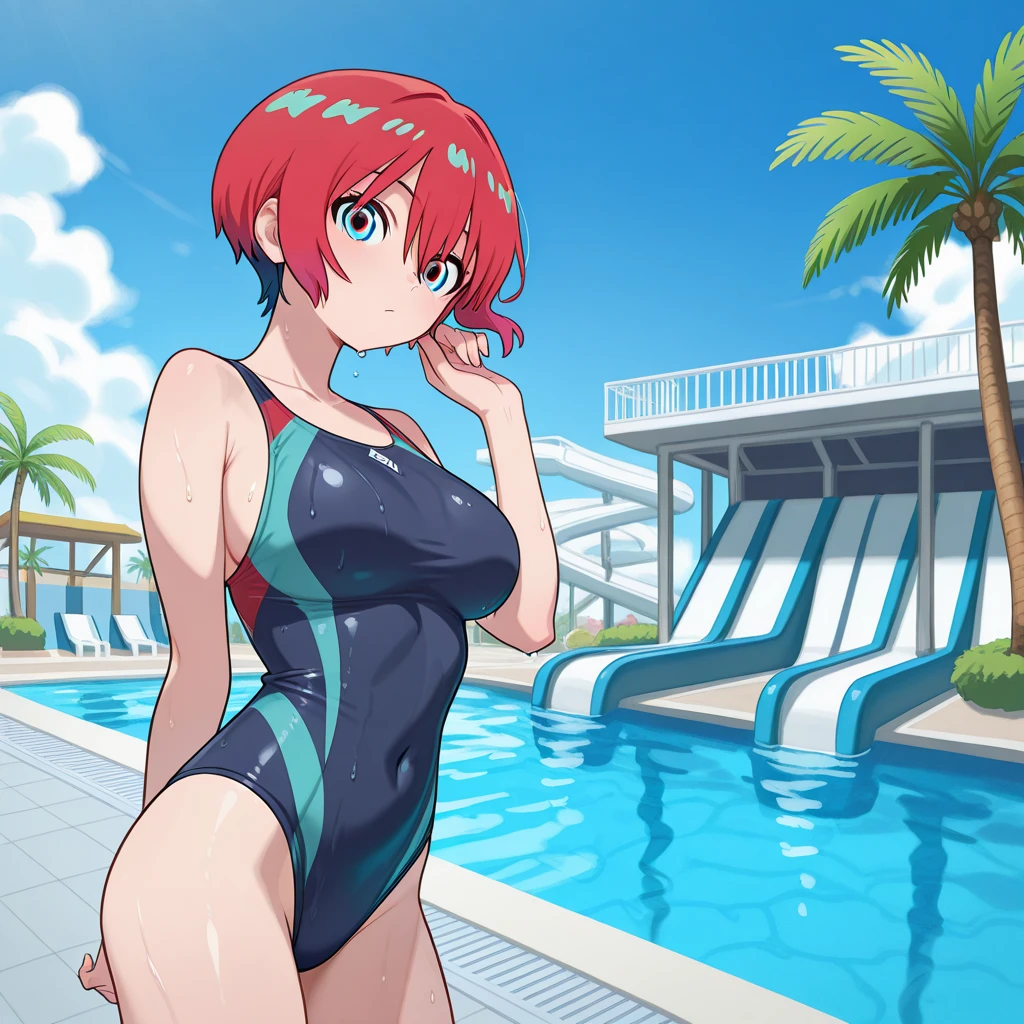 Masterpiece, Best Quality, of the highest quality, (perfect lighting), (photorealistic), perfect anatomy, Perfect face, Perfect eyes,
buldbzreddress, aquamarine hair, short hair, Blue eyes, earrings, She is wearing two pieces of underwear with very sexy straps., big breasts, a big waist a big butt, vonluntuous body,milf