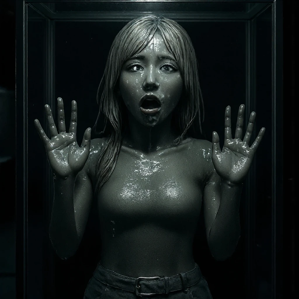 there is a black woman sitting in a glass box with her eyes open, highly conceptual figurative art, stefan koidl inspired, queen in a glass prison, stefan koidl, inside in a glass box, by Lee Madgwick, inspired by Kadir Nelson, hyperrealism”, inspired by Lee Madgwick, body made of glass, douglas smith