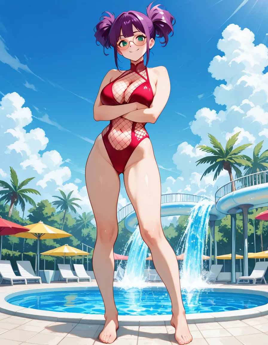 masterpiece, best quality, highres, 1girl, bangs, barefoot, bob_cut, bracelet, breasts, cleavage, full body, green eyes, leotard, medium breasts, purple hair, red leotard, red swimsuit, short hair, solo, standing, lifeguard, swimming, underwater