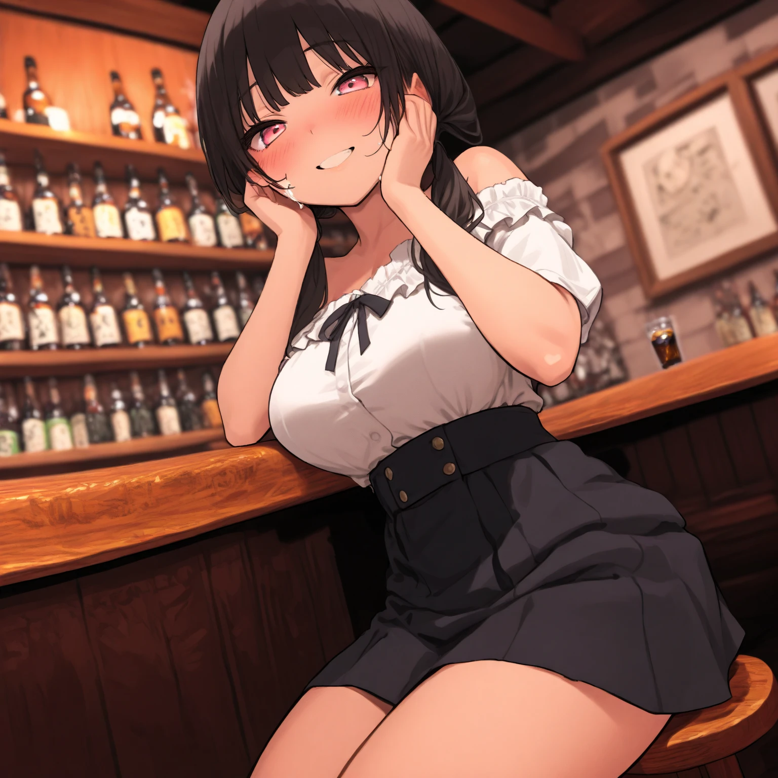 (from above:1.2),(from front:0.9), ((Face)), (Close-Up:0.4), masterpiece,"A 26-year-old girl stands at a bar counter. She is dressed in a stylish off-shoulder dress, sweater dress, off-shoulder sweater, red sweater,garter stocking, cleavage:1.1, midriff, black shorts, black thighhighs, thigh strap, pretty girl, (highly detailed beautiful face and eyes,firm breasts),real skin,((black,hair,long pony tail hair)),thin pubic hair,cute and lovely pose, detailed eyes, This masterpiece is only visually stunning but also tells,(double breasted:0.6,under bust:0.6),(with sparkling eyes and a contagious smile),open mouth, The bar is beautiful, with colorful bottles of alcohol in the background and a soft glow from neon lights. The atmosphere is relaxed, and the girl looks confident and fashionable.",full body, sexy pose,make a cocktail , in a bar counter, Looking at Viewer,