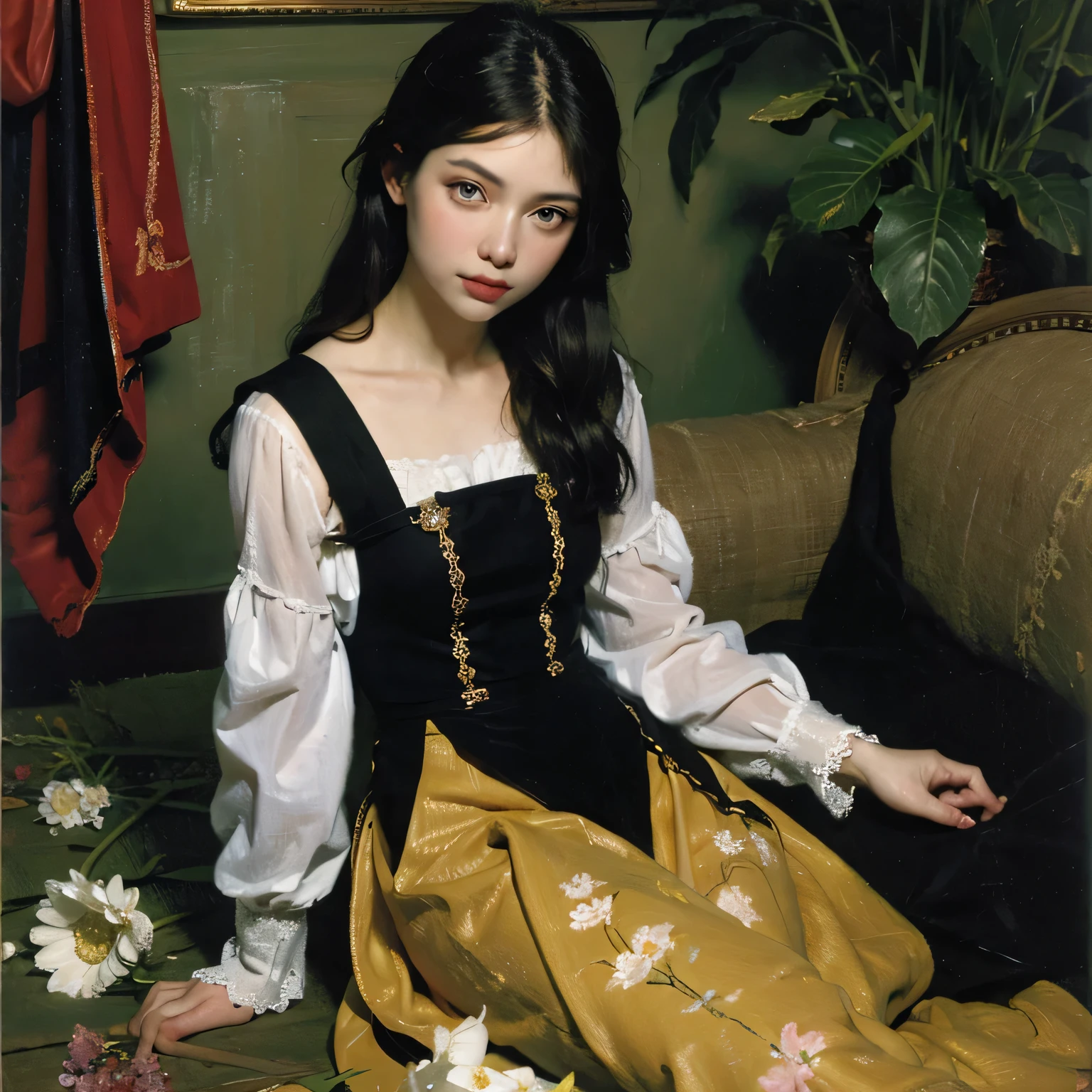 masterpiece,best quality,1girl,Gothic,posing,<lora:oilv1.0-000003:0.8>,color,<lora:åç:0.3>,<lora:shou-v50:1>,Oil painting,