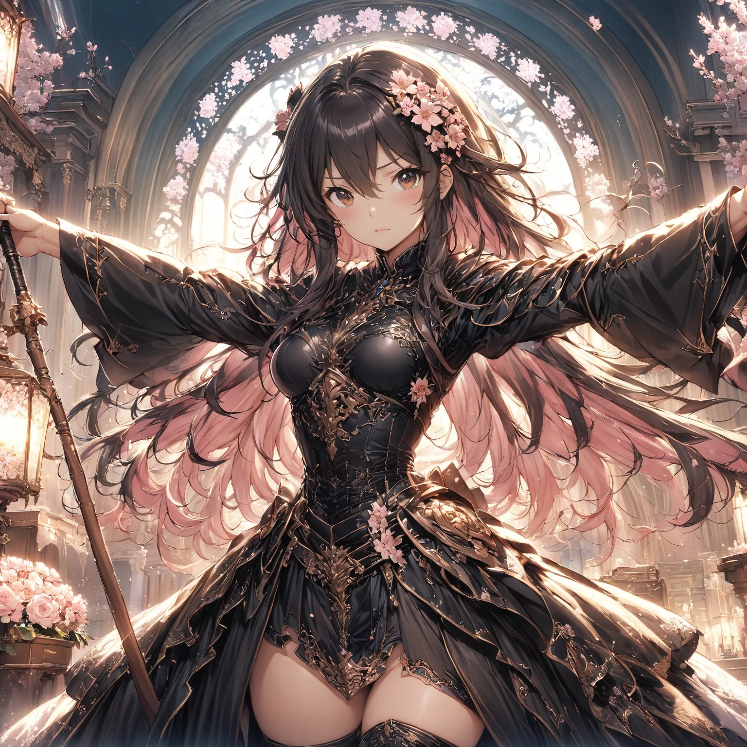 nsfw, masterpiece, best quality, ultra detailed, 15 years old, a girl, swordsman, long sword in hand, covered in wounds, {bloodstained}, {bandages}, gothic Lolita fashion , twin-tailed green and black hair, {tattered clothes}, medieval European battlefield, running, in battle, sprint, with a castle, surrounded by stars and a meteor shower, at night ,afterimage, full body, symmetrical structure of top and bottom