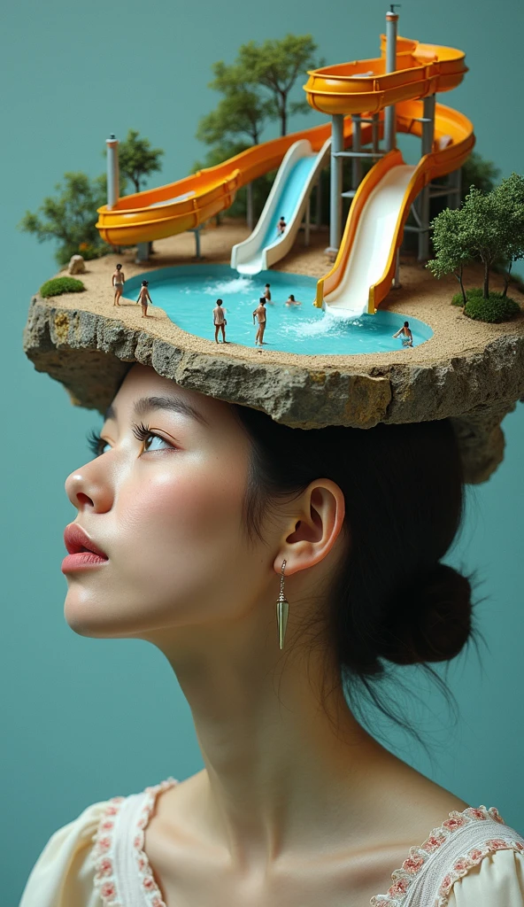 A woman's face looking up at a miniature water park set up with people sliding down water slides in small pools, but all miniature, on her head—treated in the style of Agostino Arrivabene and Alyssa Monks...