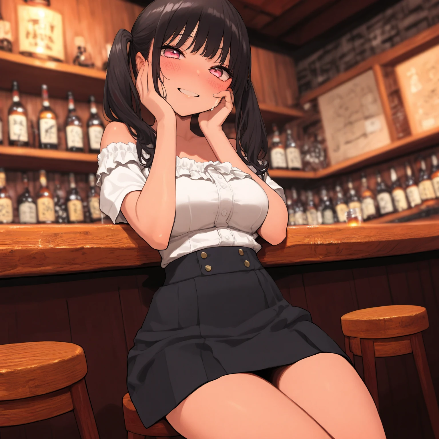masterpiece,ultra detailed,realistic anime,curvy seductive woman,(tareme:1.2),thick lips,long black hair,blunt bangs,wavy hair,tube top frilled blouse,(low-rise skirt),see-through stole on shoulder,make-up,sitting and spreading legs at crowded pub,sweaty,look at viewer,,(pubic hair),peace sign,breathing out