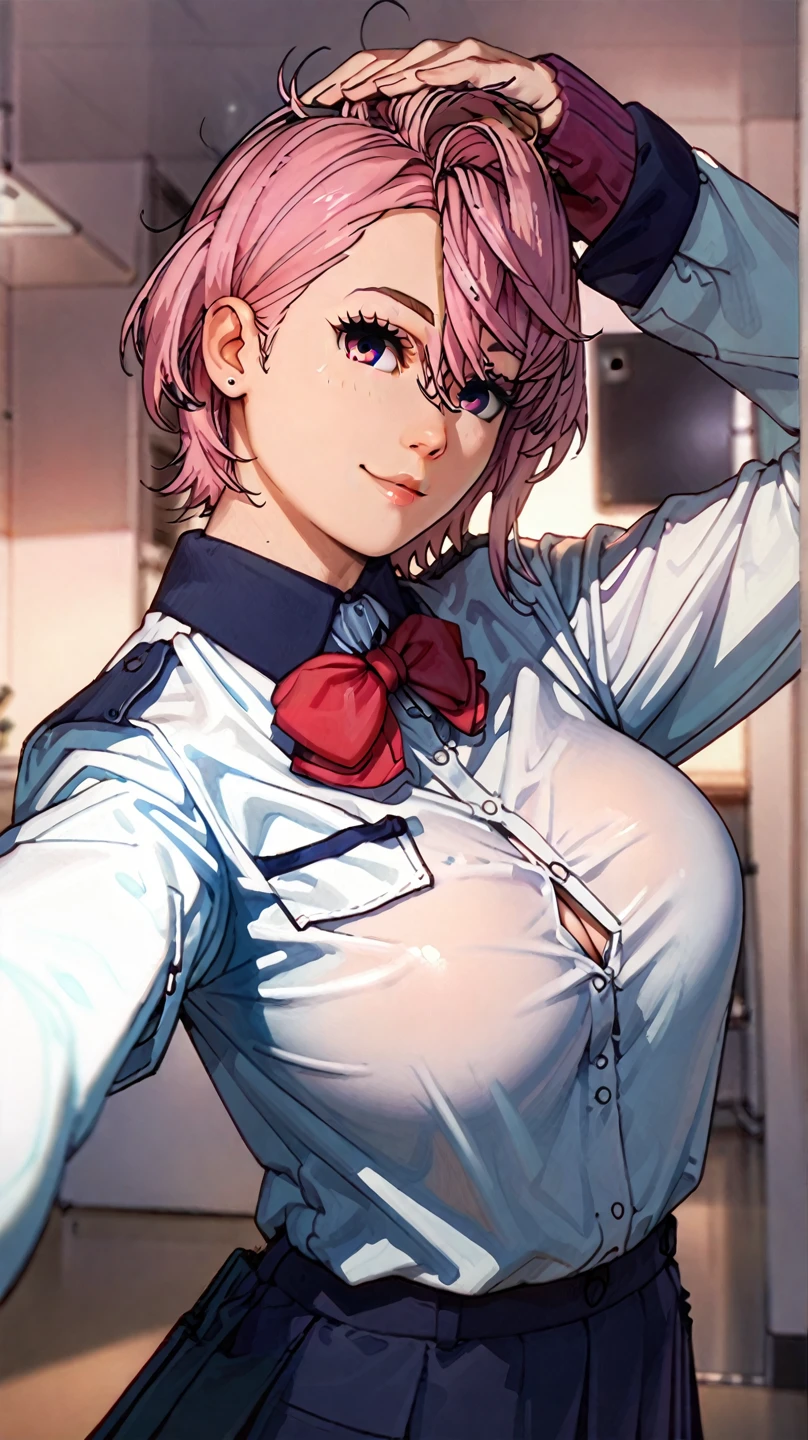 masterpiece,best quality,high resolution,8K,ultra HD,wallpaper,illustration,beautiful detailed eyes,perfect face,cowboy shot,beautiful detailed eyes,extremely detailed face,perfect lighting,extremely detailed CG,perfect hands,perfect anatomy,perfect body,perfect hands,perfect fingers,1woman,full body,muscle fighter,pink mediumswept bangs hair,(yellow eyes:1.5),large breasts,medium ass,white flight attendant business cleavage jacket suit,white pencl medium skirt,clothed,collarbone,garrison cap, neck ribbon, ribbon choker,looking at viewer,indoors,(Fate Grand Order character Koyanskaya of Darkness),sexy look pose,cameltoe,Steam,wet,sweat