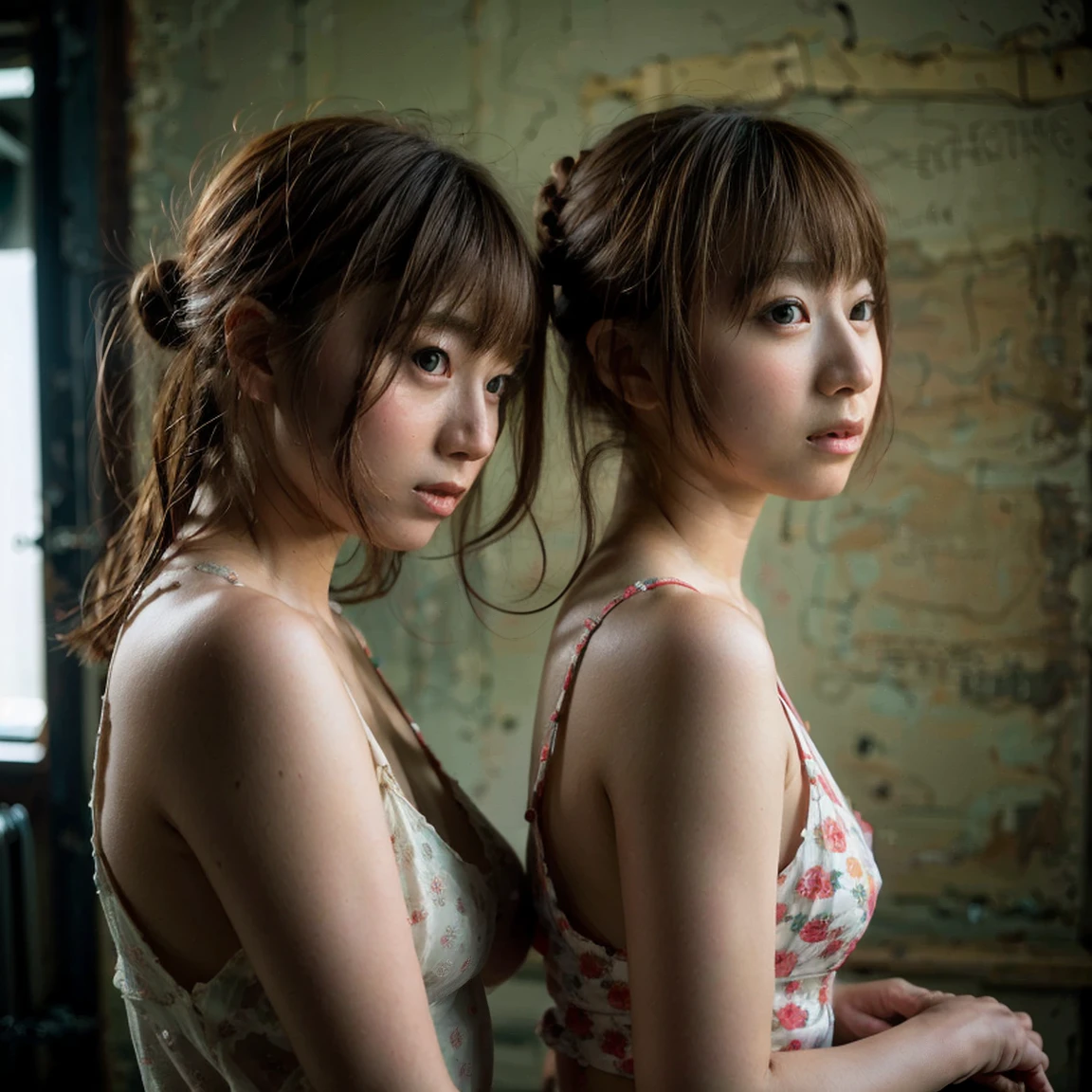 (msterpiece:1.3), (8k, RAW photo, best quality: 1.4), beautiful face, beautiful hairstyle, beautiful detailed eyes, beautiful skin, absurdres, attractive, ultra high res, highly detailed,NSFW, 3 girls in abandoned underground basement, big breast,facial close up,necklace,arms behind back,evil smile,knife,light long hair, ultra detailed skin,Heavy makeup, flower hairpin, naked,colorful patterned lace dress, dirty ground,on a rock,bondage,dirty rock,half body,