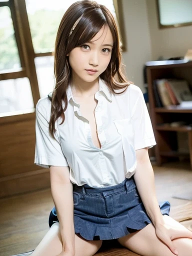 Looking up at the camera from your feet:1.2、Low angle shot:1.2,The most beautiful smile:1.5、best quality, Female high school student:1.5, Medium chest, Pleated Skirt:1.5, Medium-length curly hair, Beautiful light brown hair, White shirt, Expose:1.2,
