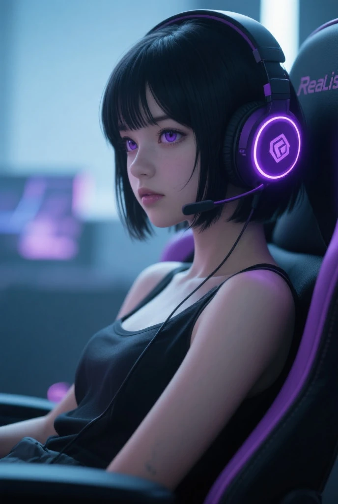 best quality, masterpiece, photorealistic, cyberpunk, ultra high resolution, ultra detailed, 1 girl, short purple hair, sports bra, slim fit, urban, messy desk, desk with multiple computers, upper body, mysterious, fantasy, hacker, gamer light background, neon lights, RGB lights, colorful, medium shot, tactical gears, hacker screens, cyberpunk, cyberpunk style, depth of field, headphones, <lora:add_detail:0.3>, <lora:detailed_eye:0.7>, <lora:ARWCyberpunkInterior:0.4> , <lora:more_details:0.7>, <lora:sdxl_cyberpunk:0.65>