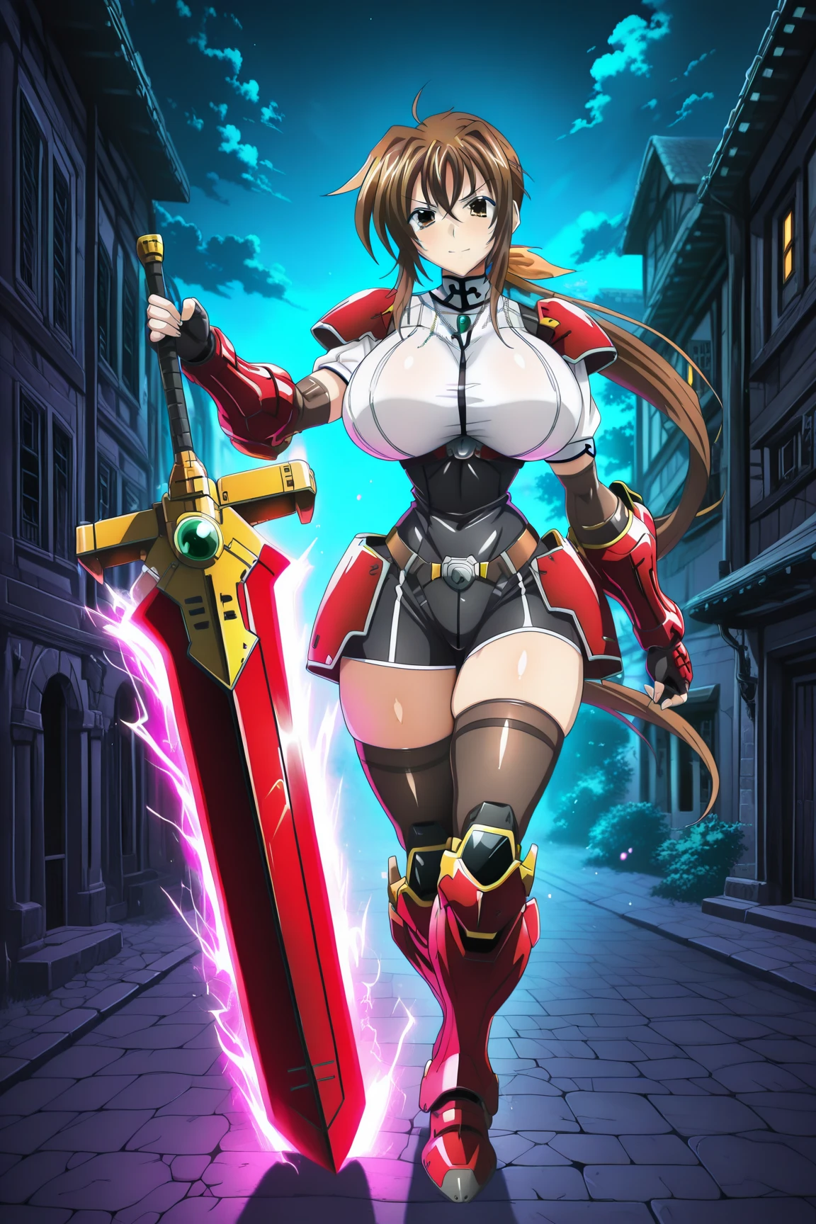 Close-up of a woman in a dress with a sword, biomechanical tits, portrait Zodiac Knight Girl, Zodiac Knight Girl, tits cyberpunk, Kschaert Krentz Key Art Feminine, tits, Anime Goddess, Android Heroine, Sakura Kinomoto, Holy Cyborg Necromancer Girl, Enchanting anime girl, Shadowverse Style,full body