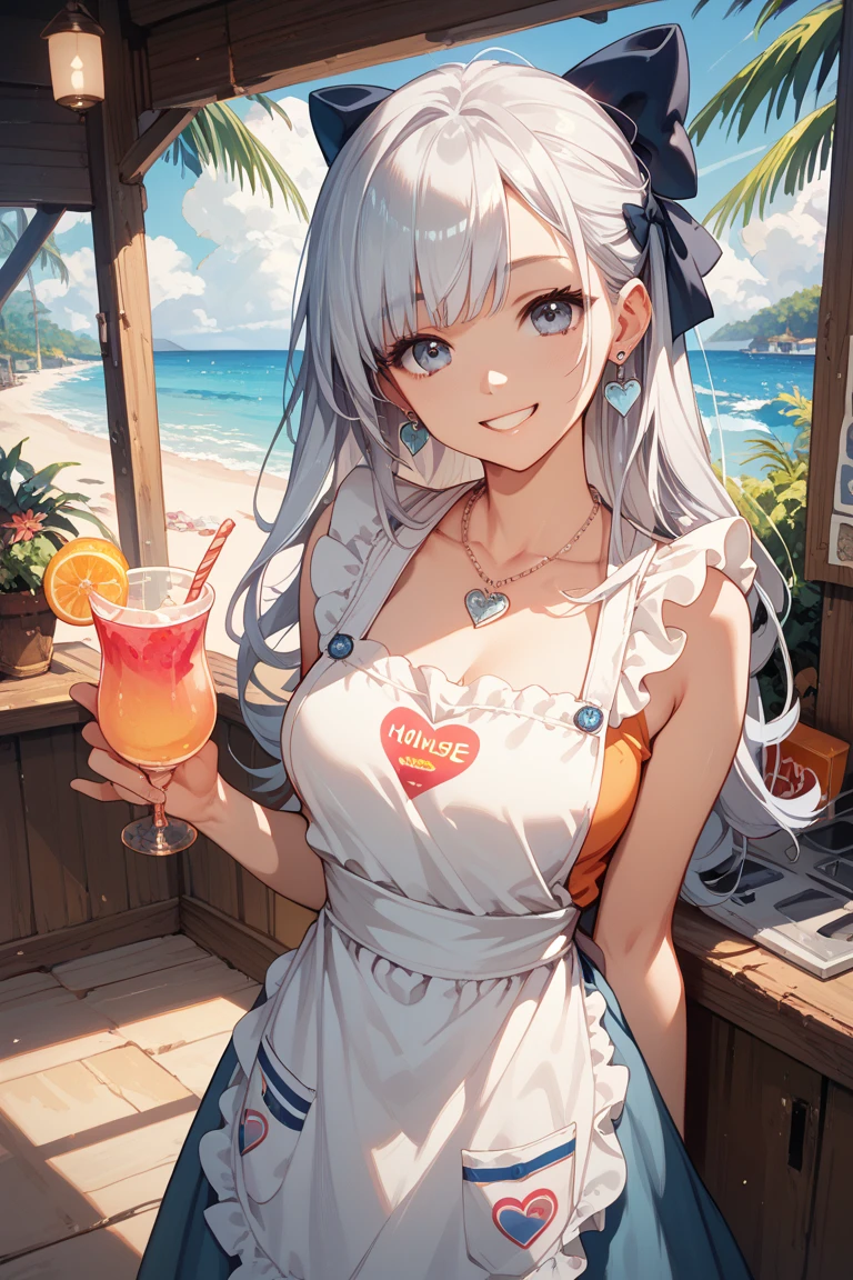 silver long hair, smile girl, have a drink, sunset, front light, from below