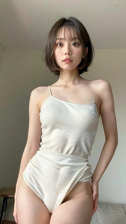 realistic, High resolution, 1 female, glowing skin, alone, wide lips,short hair,wavy hair, hip up,saggy breasts,small face,white hair,Color Contacts,Tank top,naked ,white sneakers,whole body,concrete wall,white background,