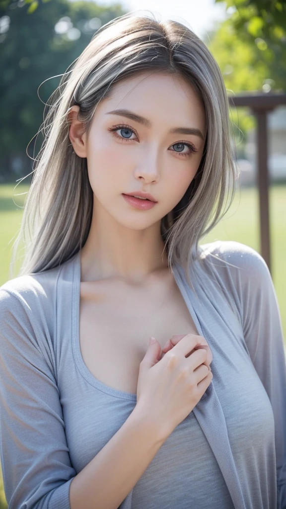Shining, clear, white skin、Her windblown silver hair hides her beautiful face.、huge、Sexy beautiful face of 28 years old、Beautiful straight hair that stands out、growing up, Sparkling light blue eyes、Sexy long silky bangs covering the eyes, Sexy young woman with super long hair hiding her sexy face、Shining silver hair、(((Sexy Woman)))、The cleavage is visible