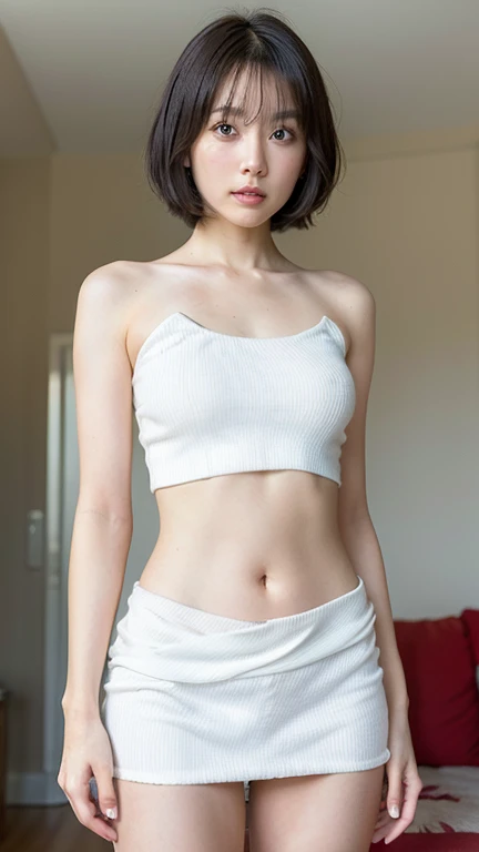 ((lowriseXL, Pretty slim upper body, thin waist, 小さなchest, thin arms, small肩, groin, ribs, thin calves, realistic, young woman)), (((thick thighs, Masseter muscle part, Angle from below))), thin stomach, small_chest, Are standing, in the city park, beautiful, (masterpiece:1.2), reality, (highest quality:1.2), perfect eyes, perfect face, wavy short hair, bangs, black hair, wide aperture, anatomically correct