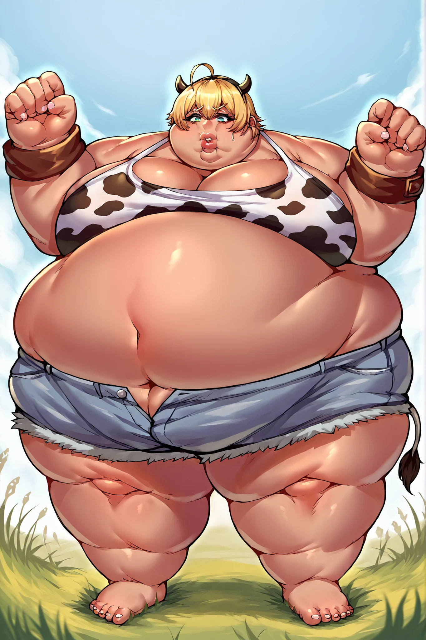 masterpiece:1.3), (absurdres:1.3), (best quality:1.3), (ultra-detailed:1.3),(best shadow:0.7), (handled hair), (large gut), (morbidly obese), (thick), (vore belly), (pregnant), (huge fat tummy), (fat legs),1girl, white ponytail long hair, belly heavy, morbidly obese, hyperbelly, hyperbreasts, super large breasts, pregnant, cow ears, cow horns, cow tail, looking at viewer, bright blue eyes, embarassed expression, panting, stuffed gut, burp, full belly, obese, super fat, hyper obese, engorged stomach, round distended gut, fat thighs, fat ass, big butt, wide hips, kipteitei, fat arms, hyper ass, fat thighs, hyper vore belly, pregnant, big bloated belly, huge breasts, burp, round gut, beer belly, hyperfat, thick thighs, big ass, fat thighs, wide hip, giant ass, fat ass, obese belly, farm, sunny, barn, hyperbelly, fat gut, fat, distended gut, beer belly, upset belly, loud burp, cowgirl outfit, cowgirl costume, red plaid button up, cowboy hat, boots, denim booty shorts, suspenders, belt, skin dentation,  inflated belly, obese gut, swollen belly, vore, blueberry inflation, weight gain belly, belly heavy, super fat, gut enlarged, hyper inflation, hyper vore gut, fat arms, fat thighs, fat bottom, (even fatter) (hyper weight gain belly), weight gain inflation, water inflation, sloshy gut, full body, cow tits, gut weight gain, belly heavy, ssbbw, full body, gut weight gain, bbw belly,big ssbbw gut, belly extended, belly weight gain, belly inflation, full body pose
