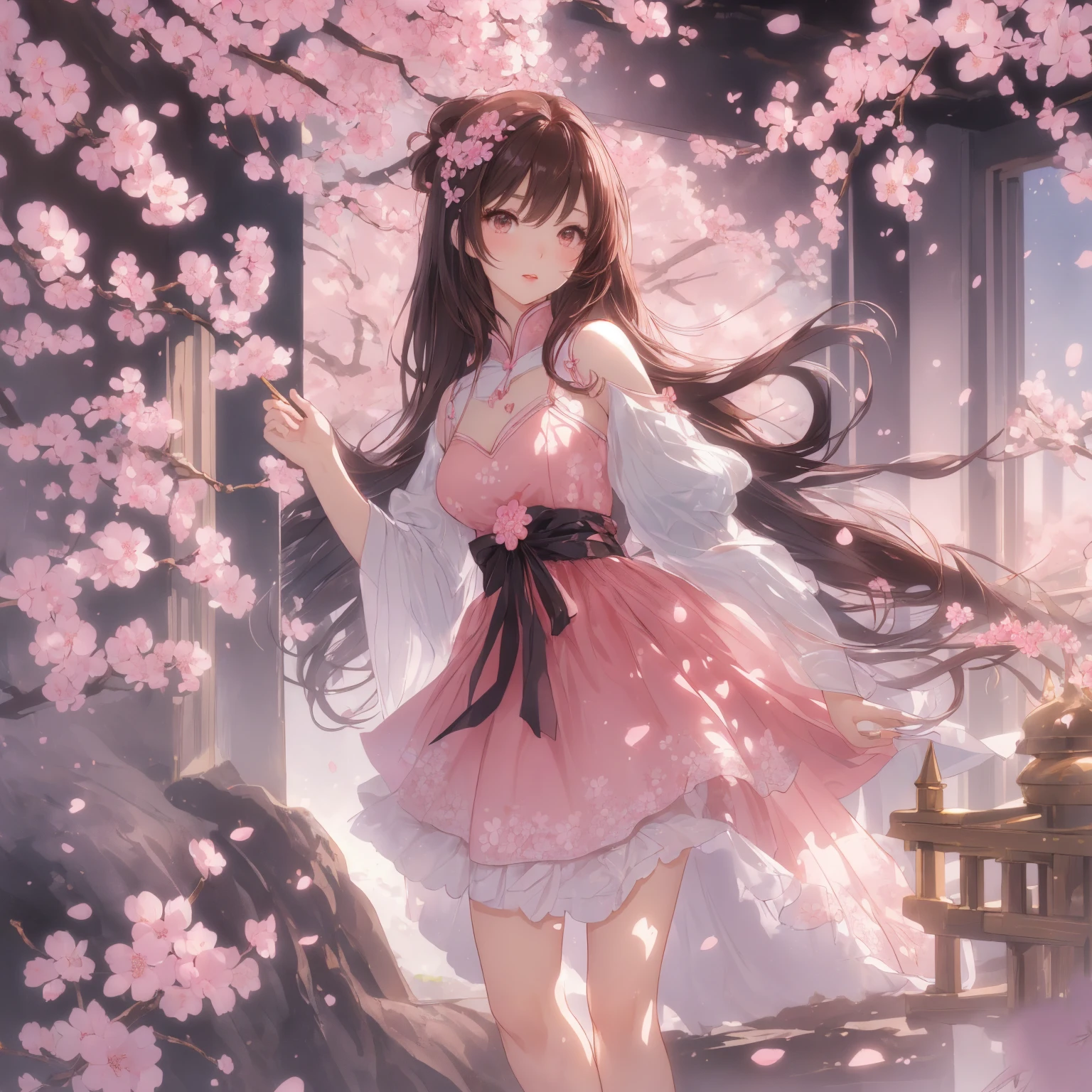(masterpiece, Absurd quality, highest quality, Official Art, beautifully、aesthetic:1.2), 16k, Cute  girl, Very detailed, Digital Art, colorful, Most detailed, Bright colors, (Conversion Sequence), Baby Face, Cinema Lighting, Dynamic Angle, landscape, (Dirty clothes:1.5), scenery, (alone:2.0), (One girl:1.5),View Viewer, Flower Field, lipstick, eyelash, (Very detailed顔:1.5), Iris B, dress, tiara, Wide sleeves, Very long hair, bow, Long hair tied low, waist bow, clavicle, shirt, (alone:1.5), Floating Hair, floating cloth, ,Detailed skin, Most detailed face, Particles of light, Volumetric lighting, Intricate details, In detail, masterpiece, highest quality, (Royal Society:1.5), (hair ornaments:1.2), Red choker, (pale pink dress:1.2), (Voluminous panniers:1.5), lipstick, Shiny skin, Shiny Hair, Shining Face, Shiny skin, Shiny clothes, ruins, Speckled sunlight, Big Breasts, Beautiful breasts, A girl around 15 years old, Dutch Angle, Overgrown, Remains, Dynamic Angle, (Sexual affection:1.3), (orgasm face:1.5), Browsing Caution,
