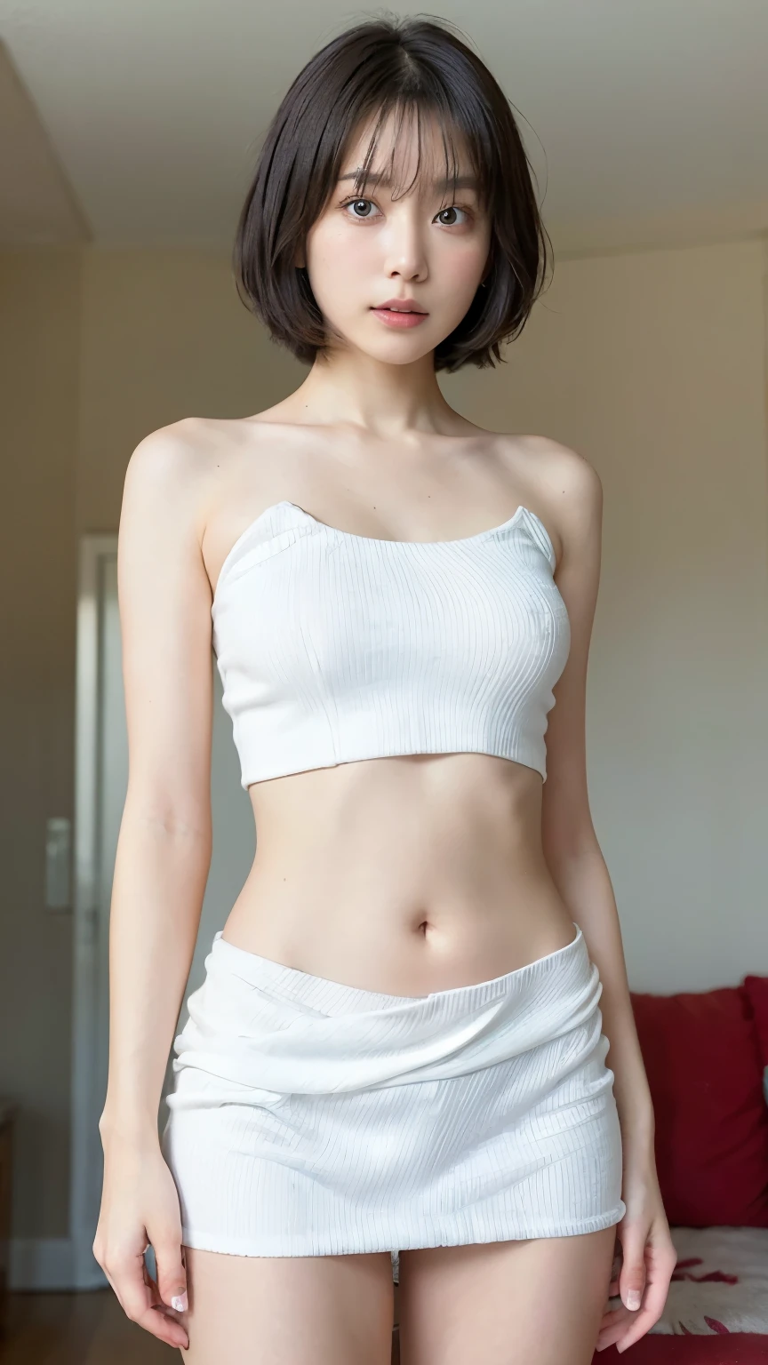 realistically, high resolution, soft light, (Only 1 piece:1.5),(1 female 1:1.5), skin glowing, delicate skin, alone, Lift your hips slightly, lean forward, (Detailed faces), short hair, Sheer tulle off-the-shoulder crop top,clothes are transparent,Look down