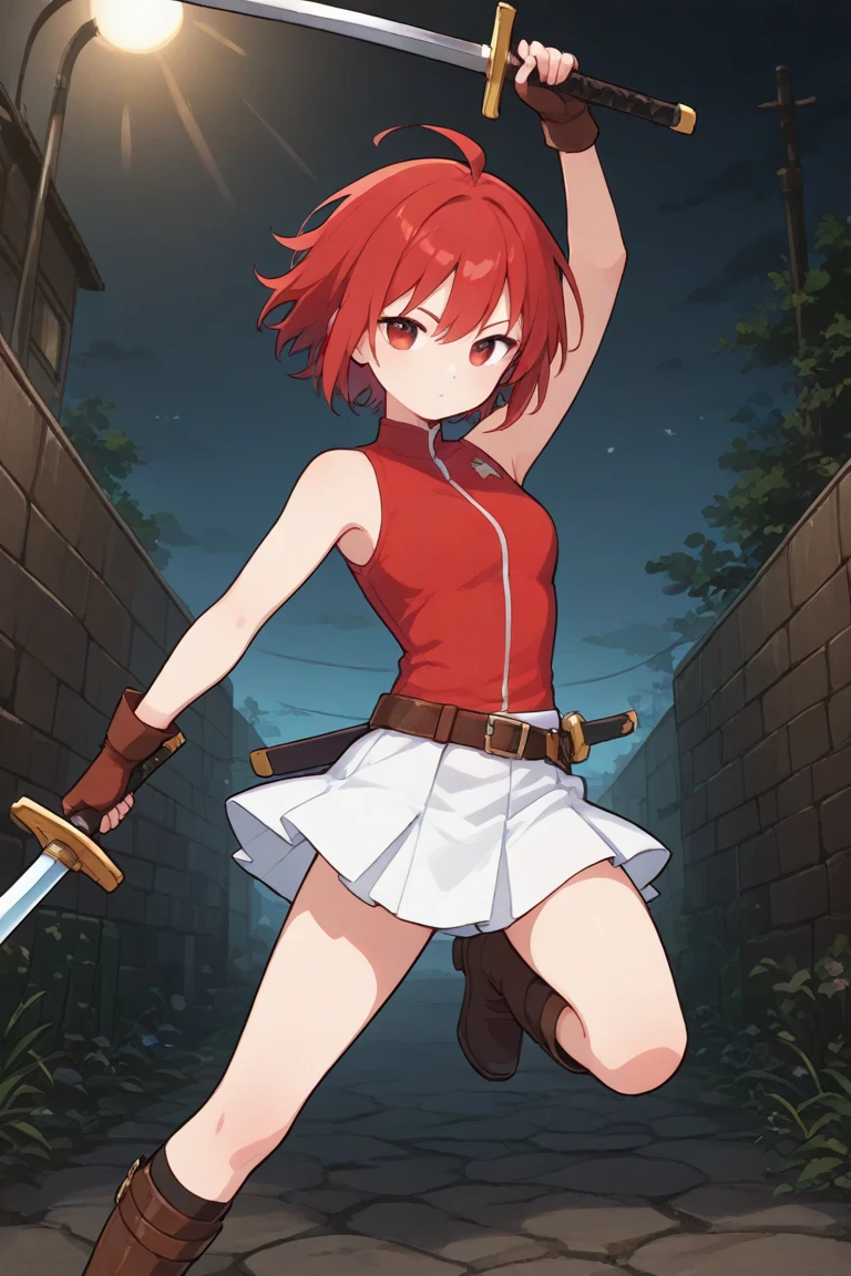 vesta_harem, (large breasts:0.8), red eyes, (slashing:1.2), (holding_sword:1.5), (white_dress:1.2), red_trim, navel, sleeveless, cleavage, oversized_belt, (red_pants), white_loincloth, (greatsword:0.7), (dungeon:1.4), hallway, stone