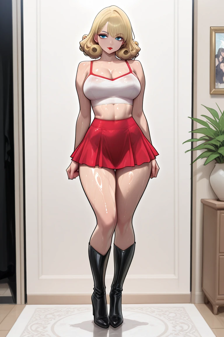 (photorealistic:1.4), (masterpiece, sidelighting, finely detailed beautiful eyes: 1.2), masterpiece*portrait, realistic, 3d face, good photo, 4k, high quality, high resolution, hyper detail, realistic, reality, smooth graphics, realistic sexy wears, 3D, best resolution, sexy, good contrast, perfect shading, realistic skin texture, finely detailed, dramatic lighting, realistic lighting, amazing shadows, sexy and hot, huge breasts about to burst, huge ass, huge butts, thicc thighs, everything she wears is tight, shiny and skinny, , shiny hair, extreme shiny skin, tight skinny shiny latex skirt, tight skinny shiny latex bra