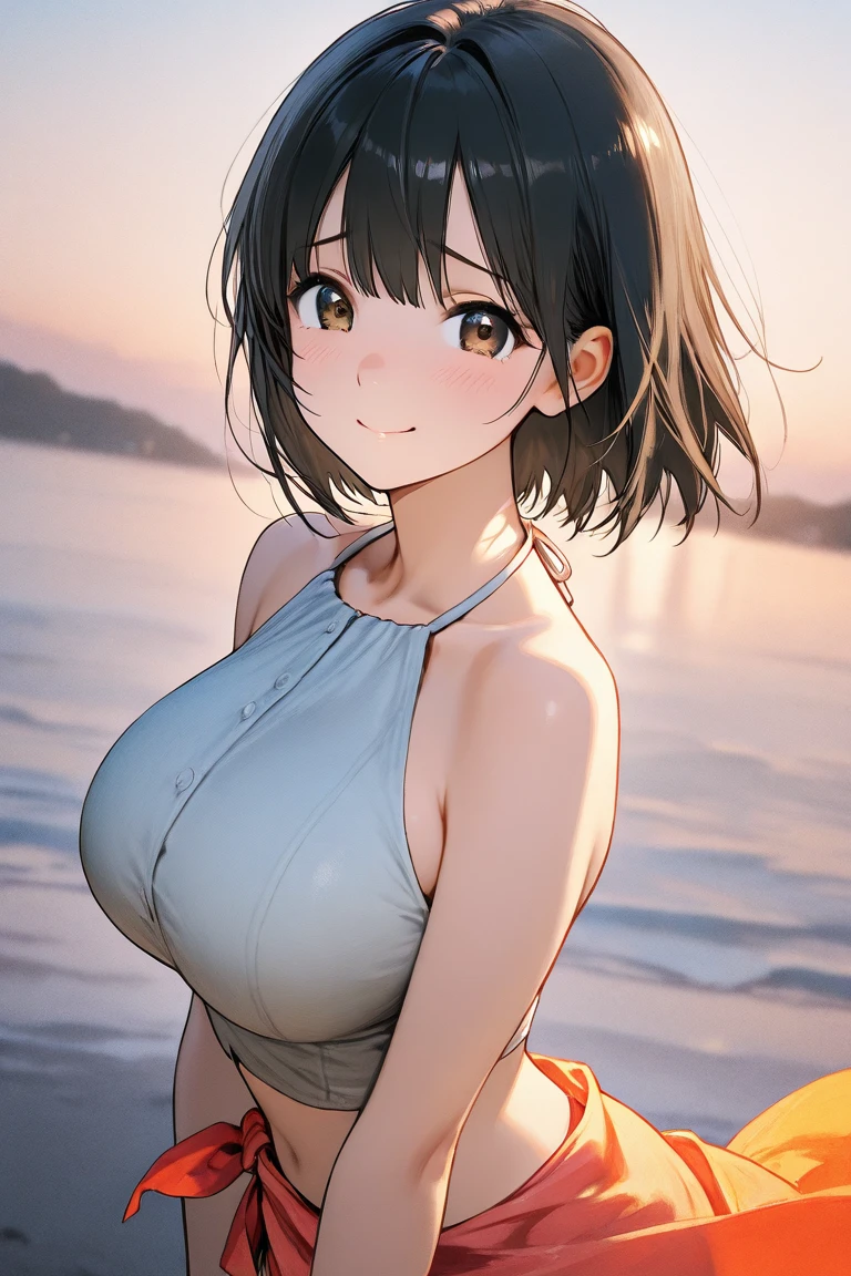 masterpiece, photo of nobarajk, short hair with large breasts and a huge ass and wearing a sports bra on a beach with sunny weather, (wet skin and hair:1.5), (light skin), (sweating) ,(beautiful scenery),(perfect face), masterpiece, blush, 1girl, solo, smooth anime cg art, sexy pose, disgruntled expression
