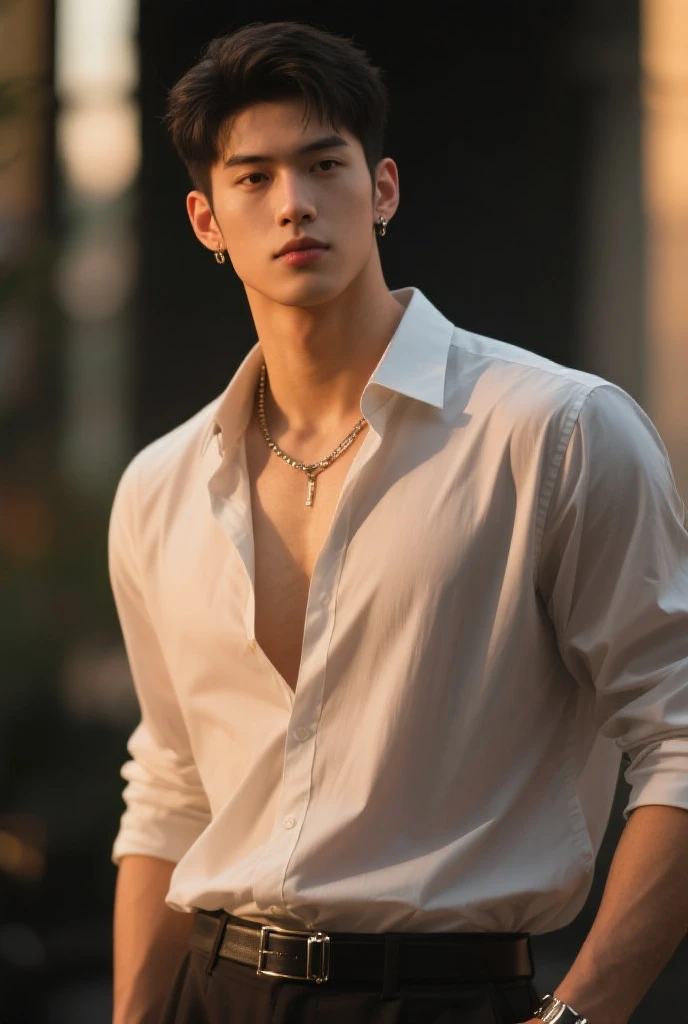 masterpiece, best quality, alone，Handsome asian man，Exquisite facial features，Golden ratio human body，handsome appearance，clear skin texture, healthy body，Proper muscles， Natural eyes, Short hair and delicate, Sexy men, looking up at the audience,Wearing a very manly pose，(((loose see-through shirt)))，(((black top)))，See-through top，Wear loose black trousers，Fashion magazine style，(((full-body shot)))，8K，ultra high definition，HD details